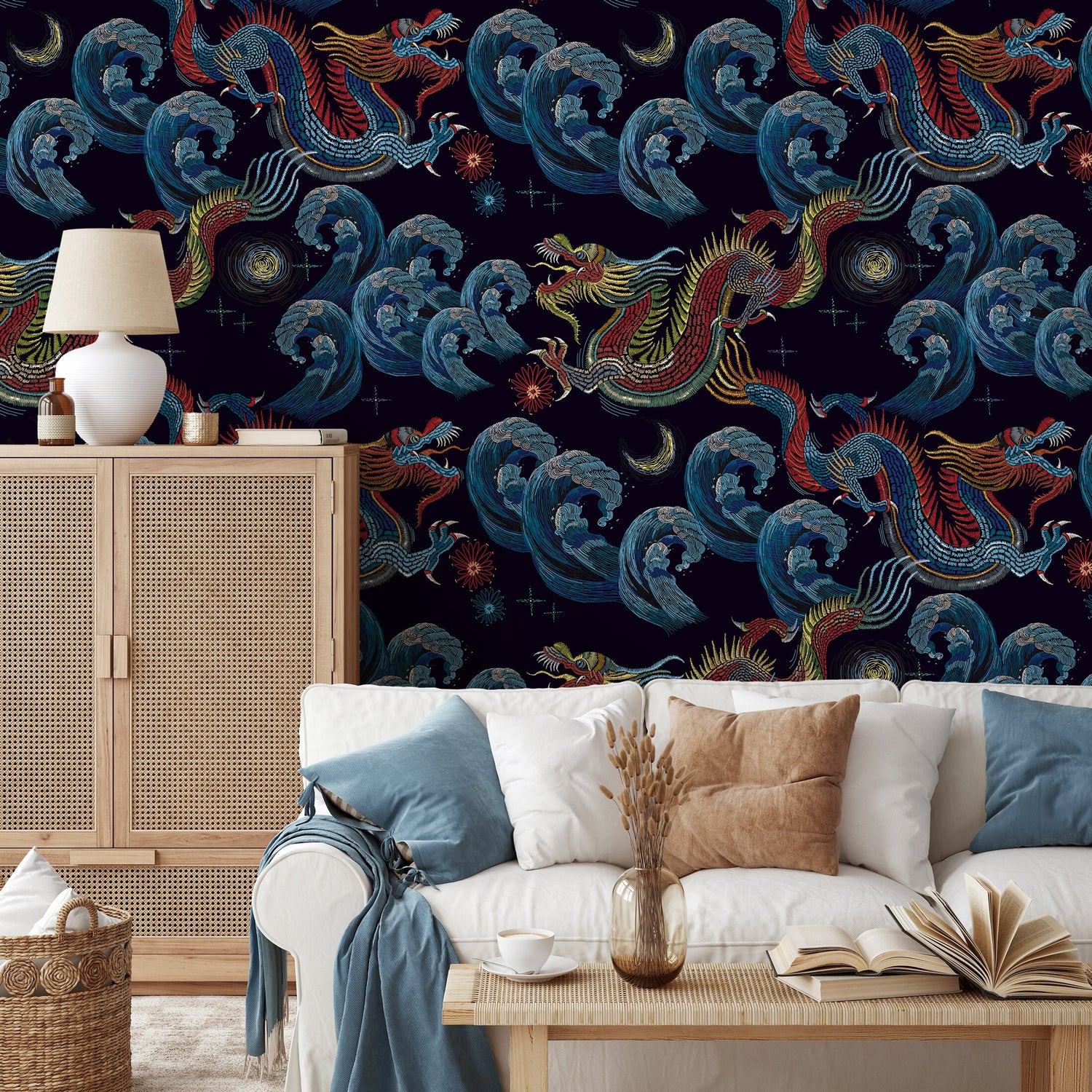 Vintage Chinoiserie Wallpaper Dragon Maximalist Wallpaper Peel and Stick and Traditional Wallpaper - D875