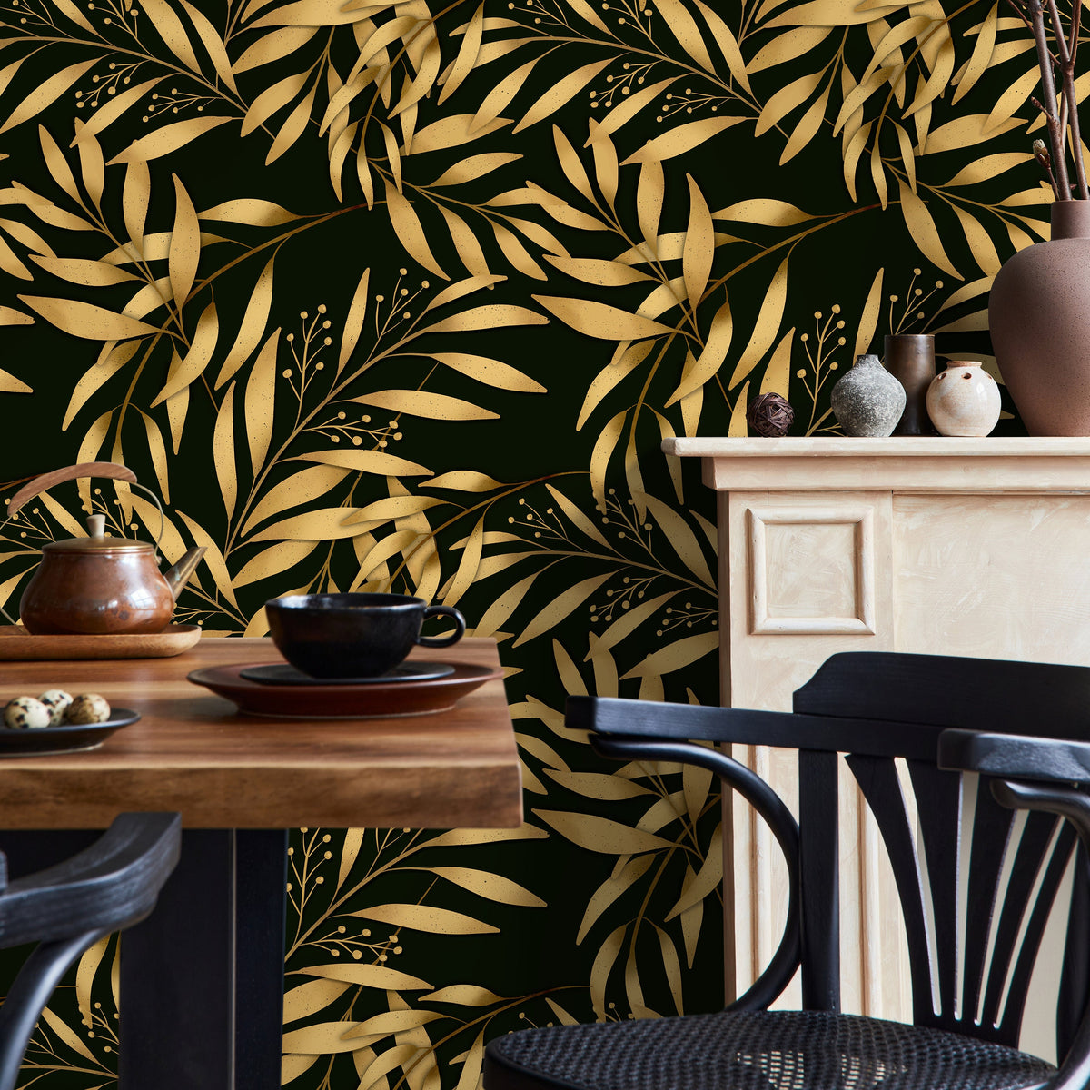 Golden Leaves Wallpaper Removable Wallpaper Peel and Stick Traditional Wallpaper Botanical Wallpaper Home Decor Printable Wall Art - X127