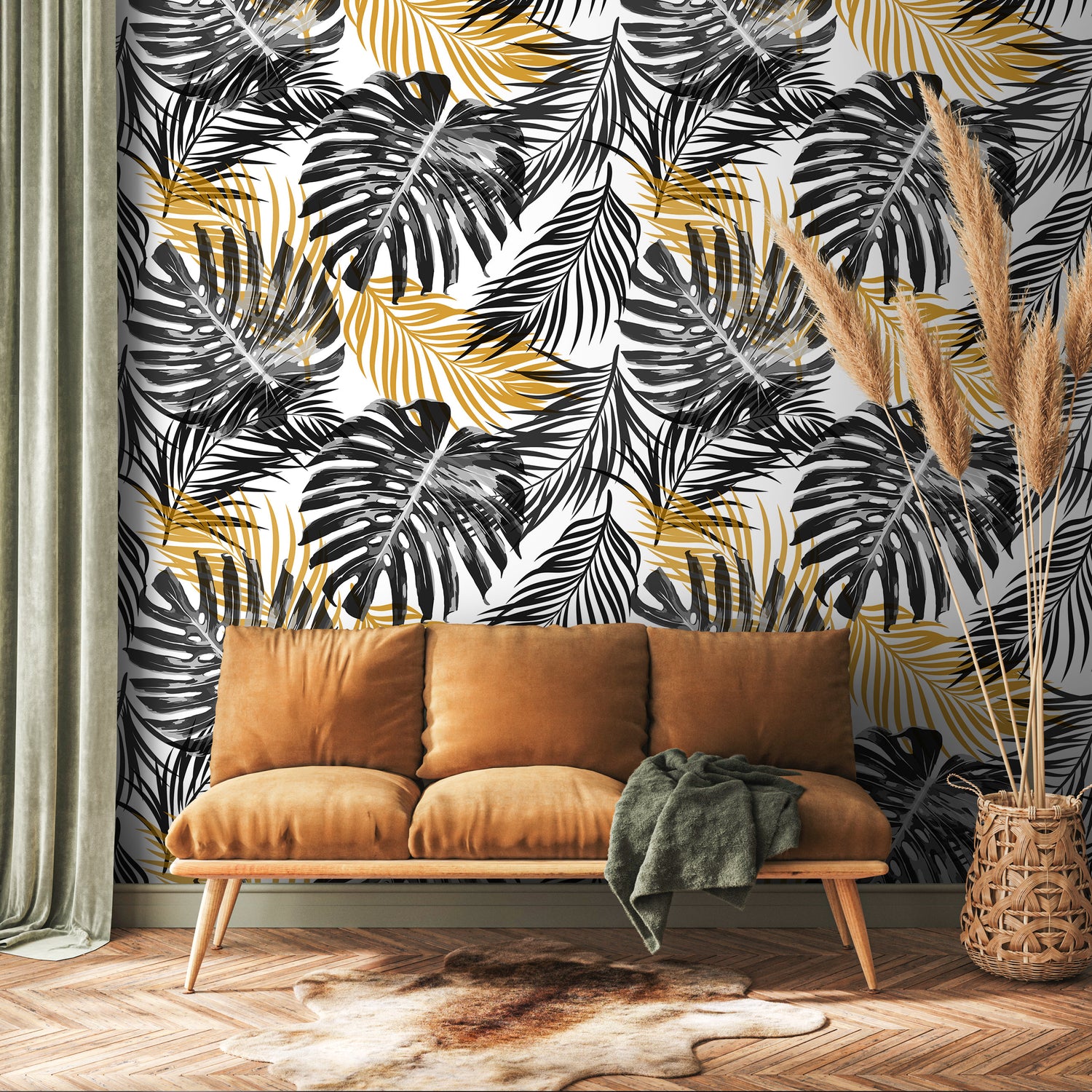 Wallpaper Peel and Stick Wallpaper Removable Wallpaper Home Decor Wall Art Wall Decor Room Decor / Black Monstera Leaf Wallpaper - B119