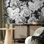 Black and White Vintage Peony Wallpaper Peel and Stick and Traditional Wallpaper - A171