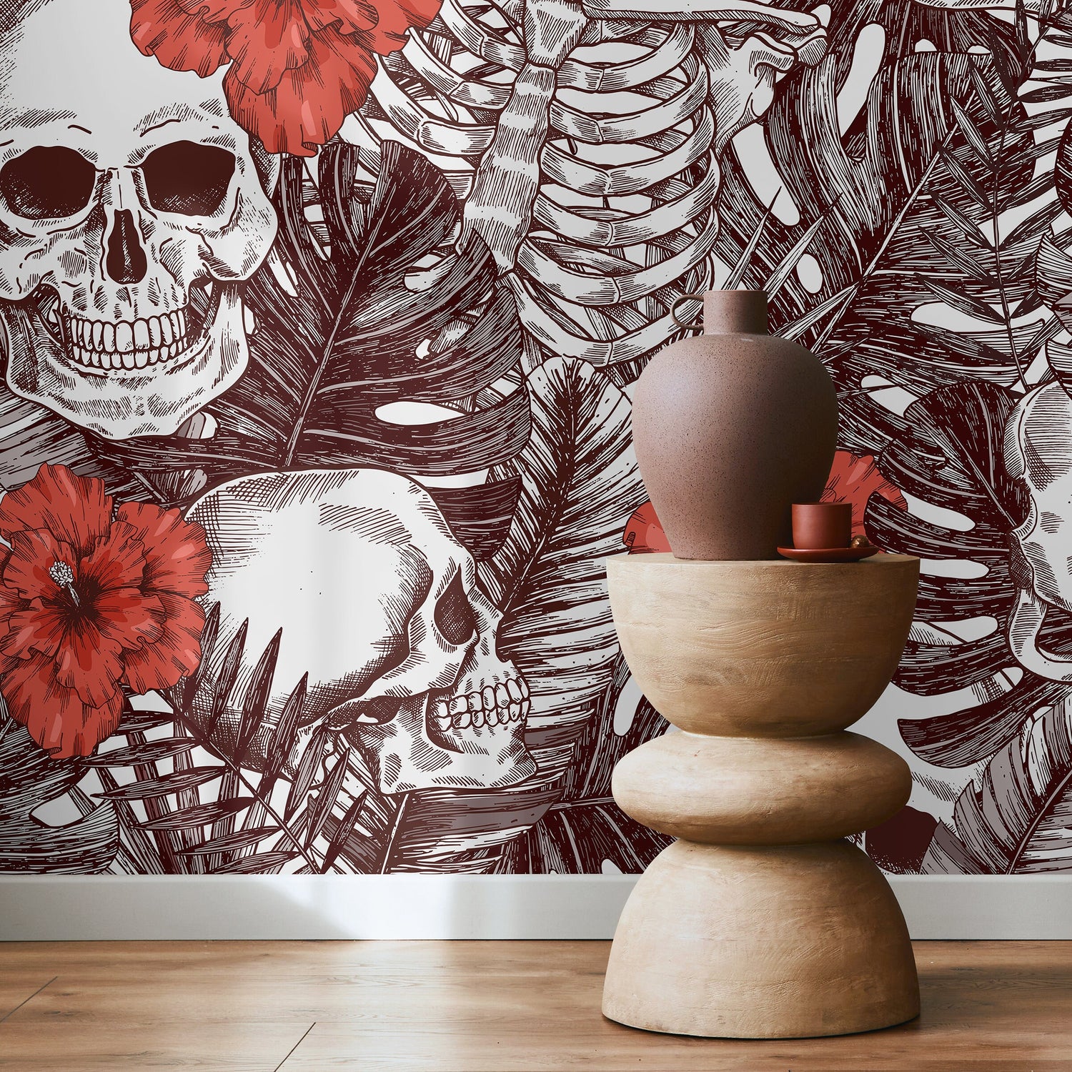 Tropical Floral Skull Wallpaper Peel and Stick and Traditional Wallpaper - A445