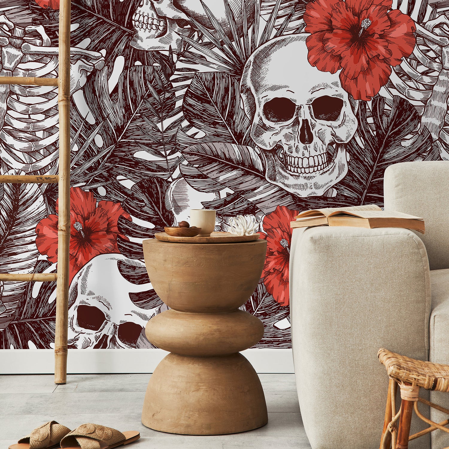 Tropical Floral Skull Wallpaper Peel and Stick and Traditional Wallpaper - A445