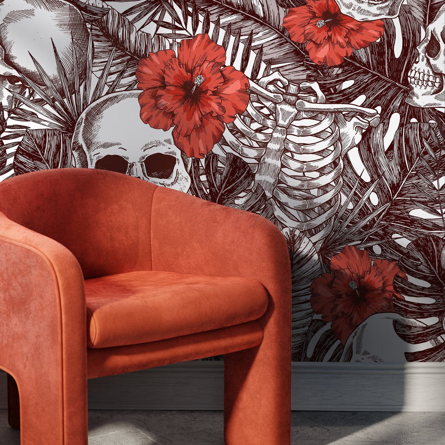 Tropical Floral Skull Wallpaper Peel and Stick and Traditional Wallpaper - A445