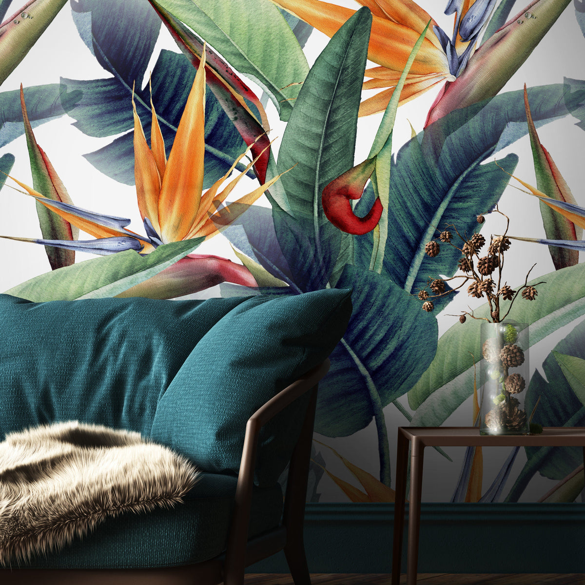 Tropical Floral Bird of Paradise Wallpaper Peel and Stick and Traditional Wallpaper - B037