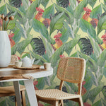 Tropical Leaf and Rooster Wallpaper Peel and Stick and Traditional Wallpaper - B128