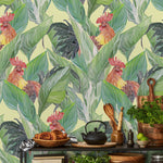 Tropical Leaf and Rooster Wallpaper Peel and Stick and Traditional Wallpaper - B128