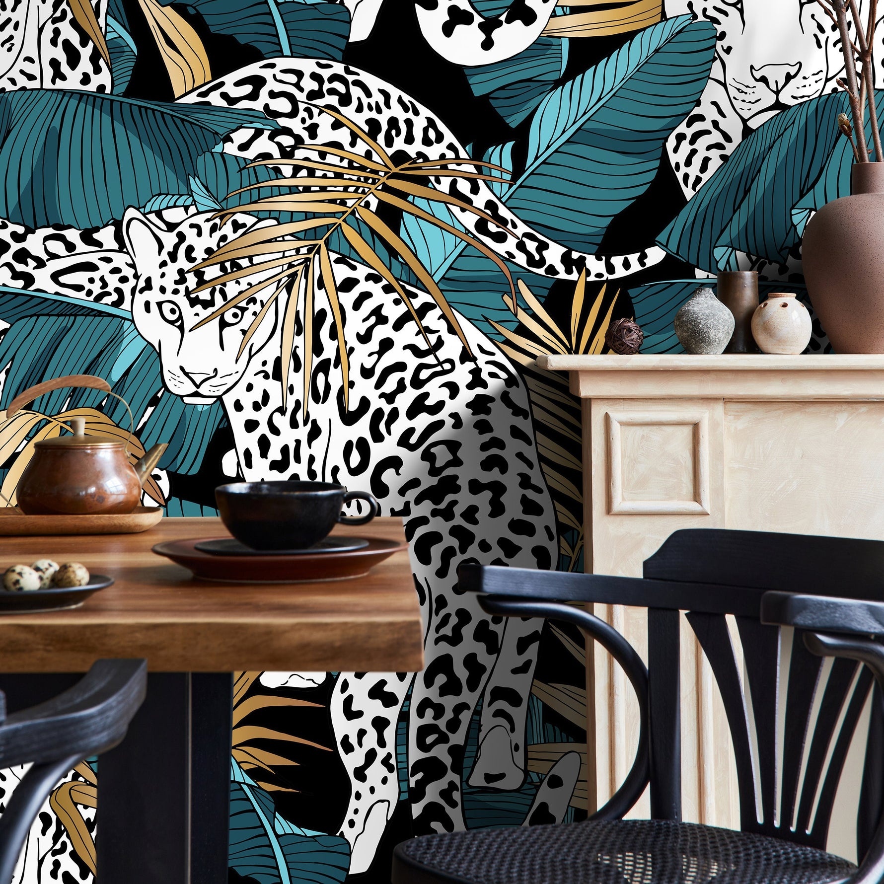 Leopard and Tropical Jungle Wallpaper Peel and Stick and Traditional Wallpaper - B537