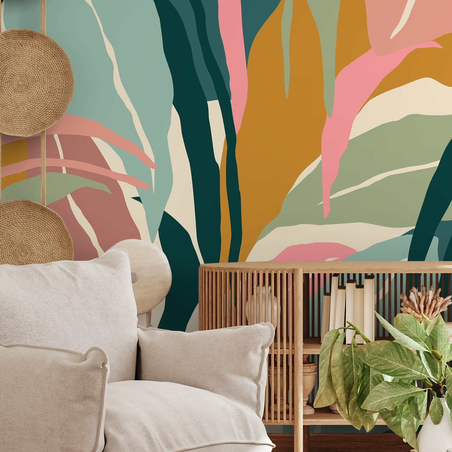 Colorful Tropical Leaves Mural Wallpaper Peel and Stick and Traditional Wallpaper - B634