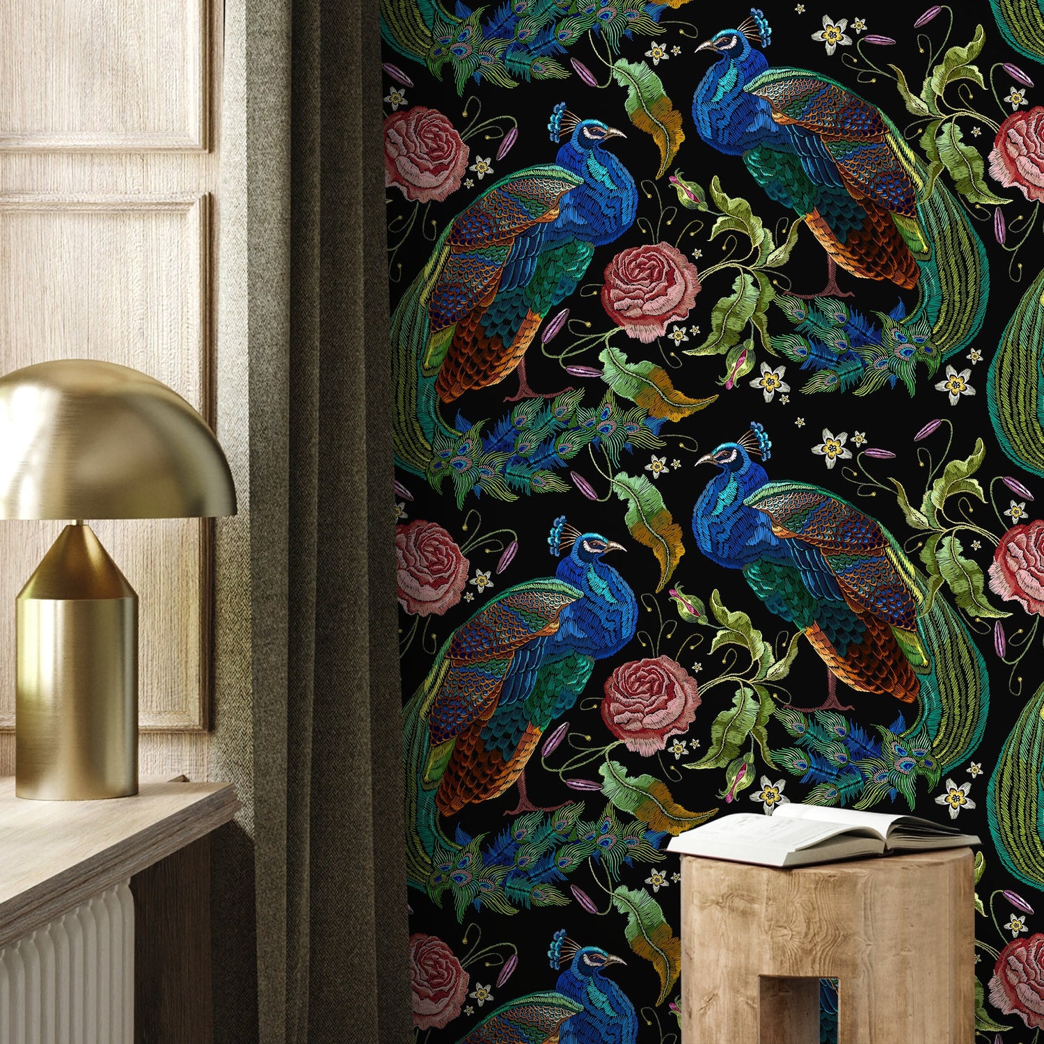 Peacock Wallpaper Dark Floral Wallpaper Peel and Stick and Traditional Wallpaper - D882