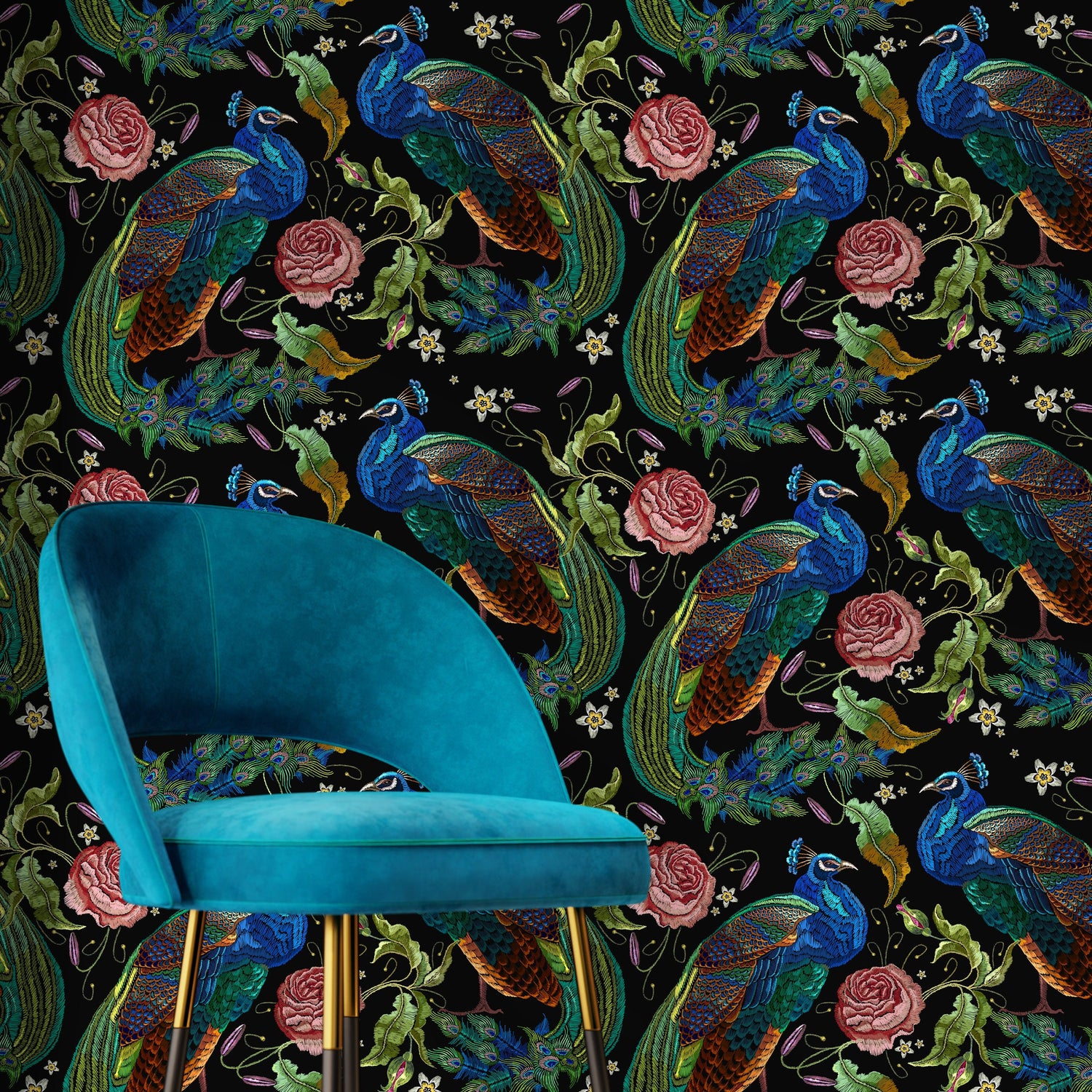 Peacock Wallpaper Dark Floral Wallpaper Peel and Stick and Traditional Wallpaper - D882