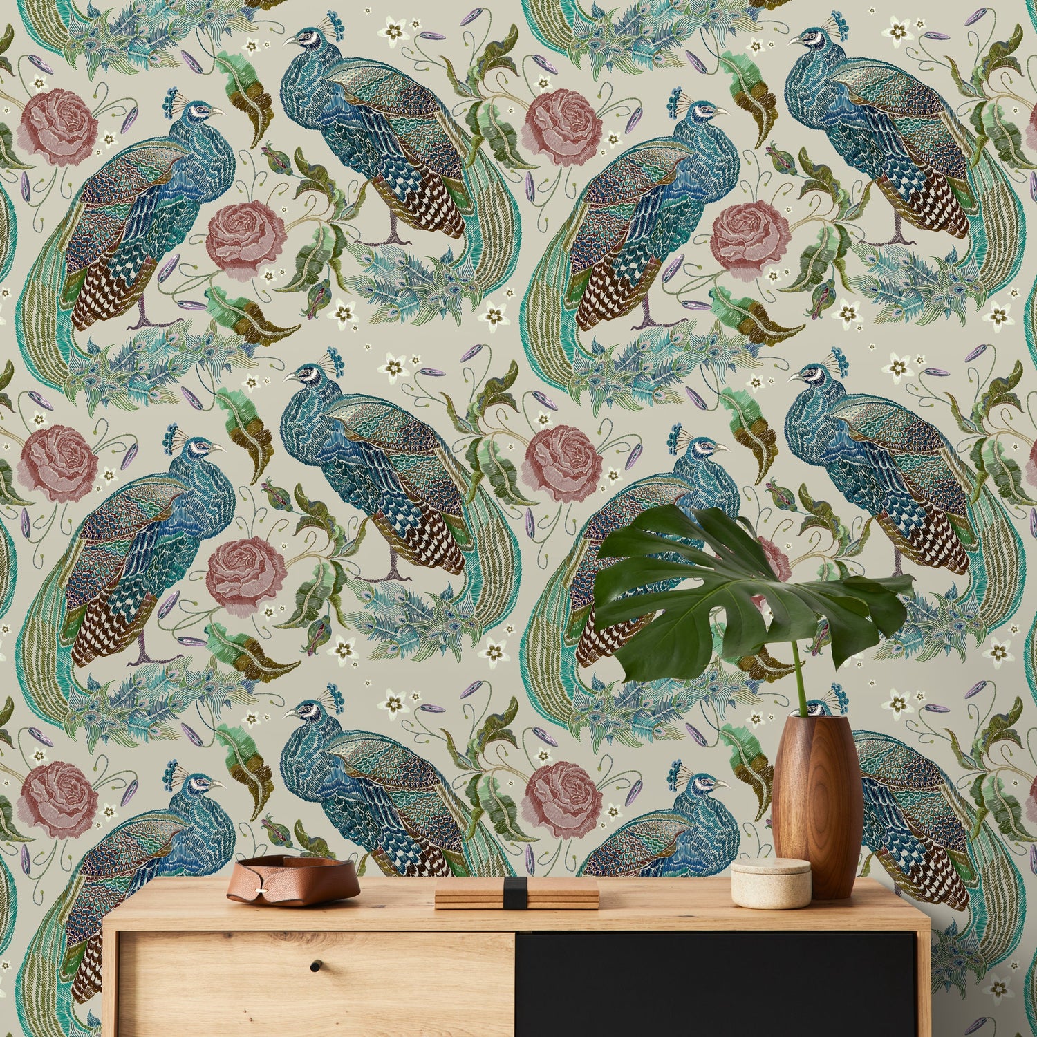 Peacock Wallpaper Vintage Floral Wallpaper Peel and Stick and Traditional Wallpaper - D883