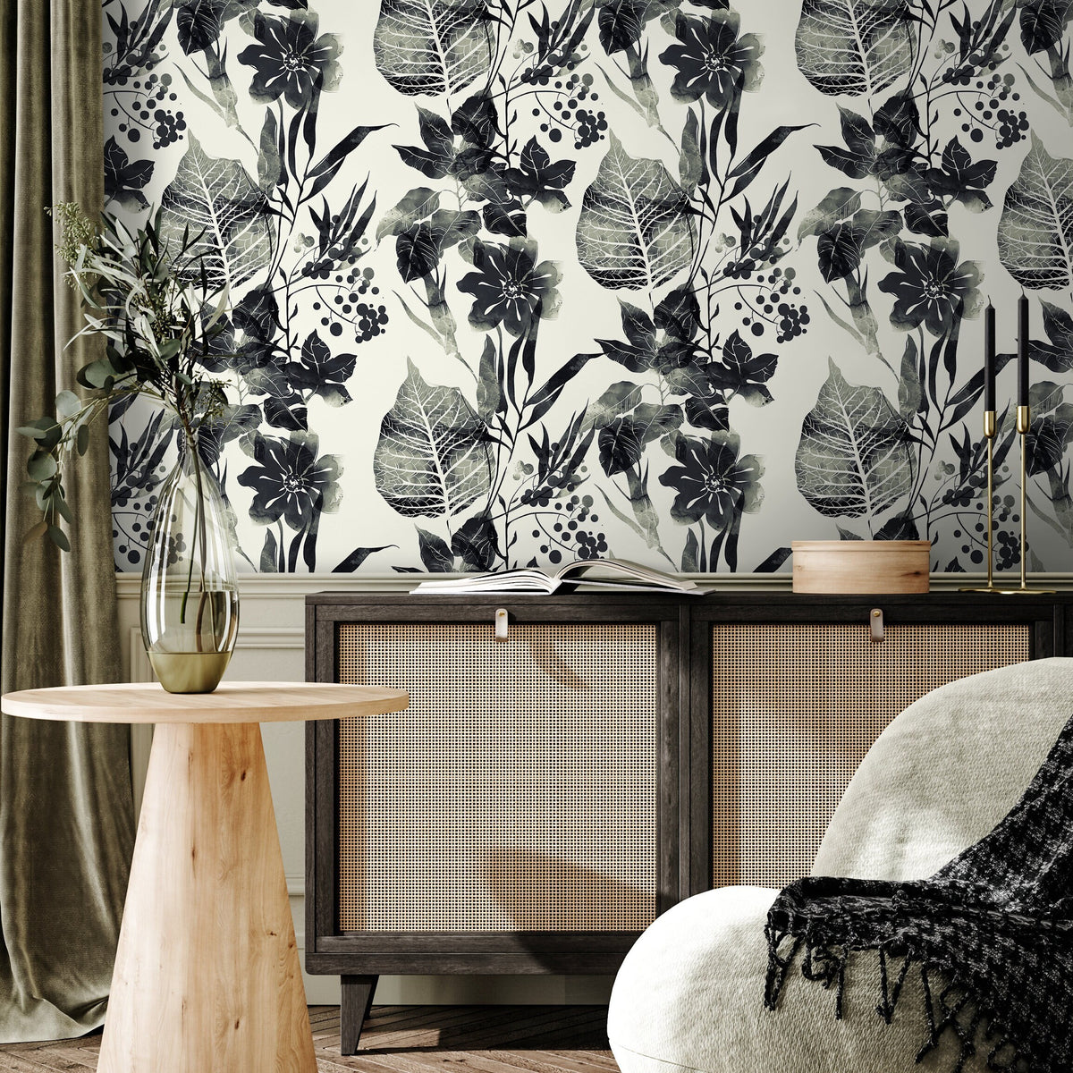 Watercolor Flowers Black and White Wallpaper, Self-adhesive Removable Wallpaper, Peel and Stick Fabric Wallpaper, Wallpaper - D956