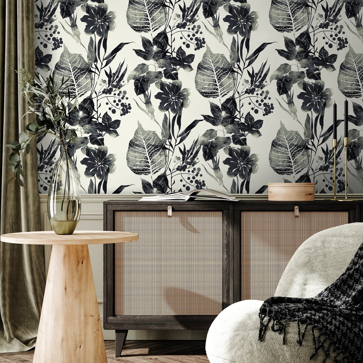 Watercolor Flowers Black and White Wallpaper, Self-adhesive Removable Wallpaper, Peel and Stick Fabric Wallpaper, Wallpaper - D956