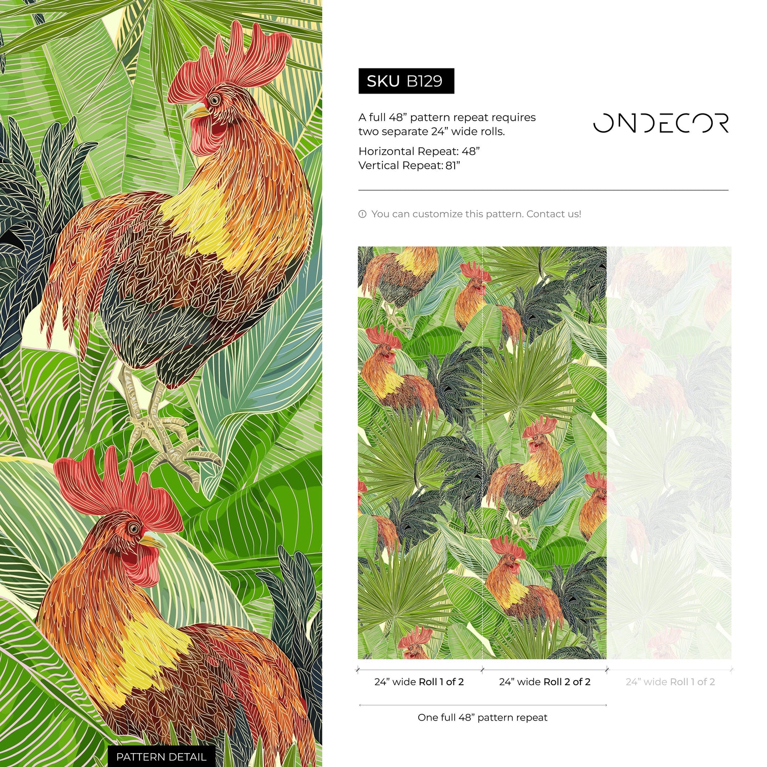 Wallpaper Peel and Stick Wallpaper Removable Wallpaper Home Decor Wall Art Wall Decor Room Decor / Tropical Rooster Wallpaper - B129