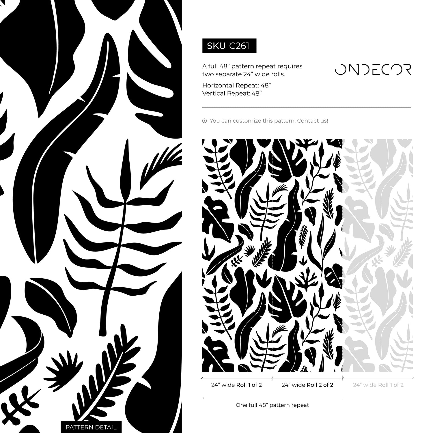 Wallpaper Peel and Stick Wallpaper Removable Wallpaper Home Decor Wall Decor Room Decor / Black and White Tropical Leaves - C261