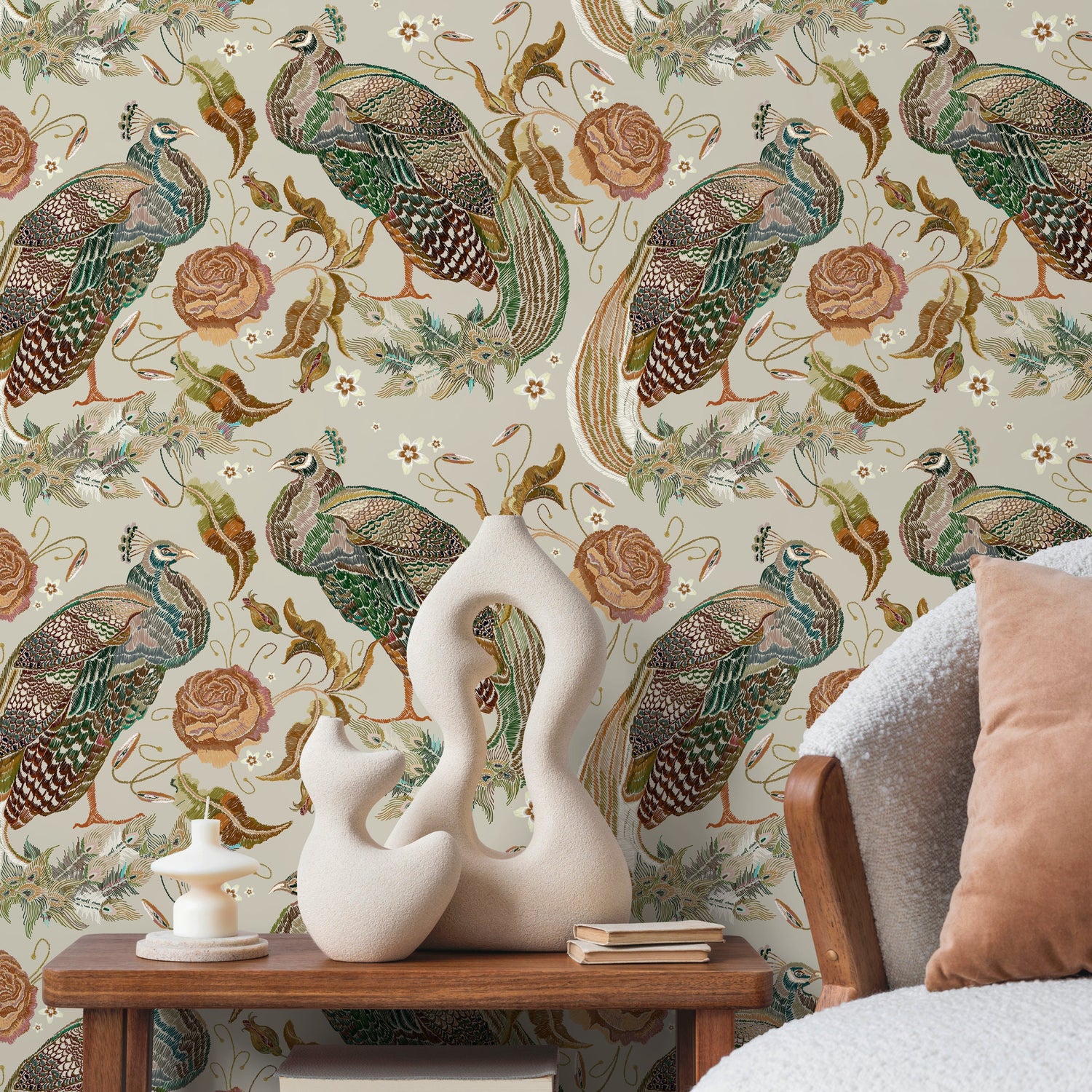 Vintage Peacock Wallpaper Floral Wallpaper Peel and Stick and Traditional Wallpaper - D885