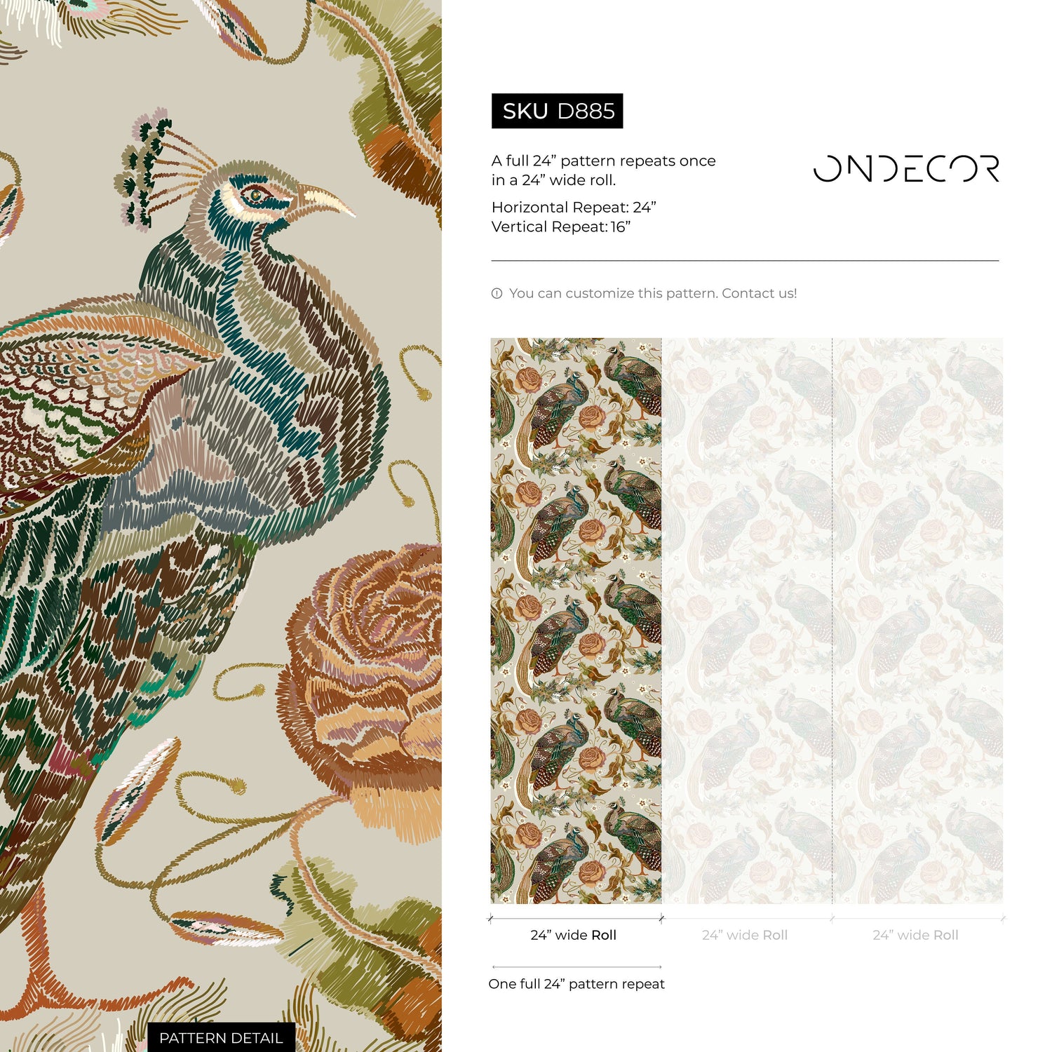 Vintage Peacock Wallpaper Floral Wallpaper Peel and Stick and Traditional Wallpaper - D885