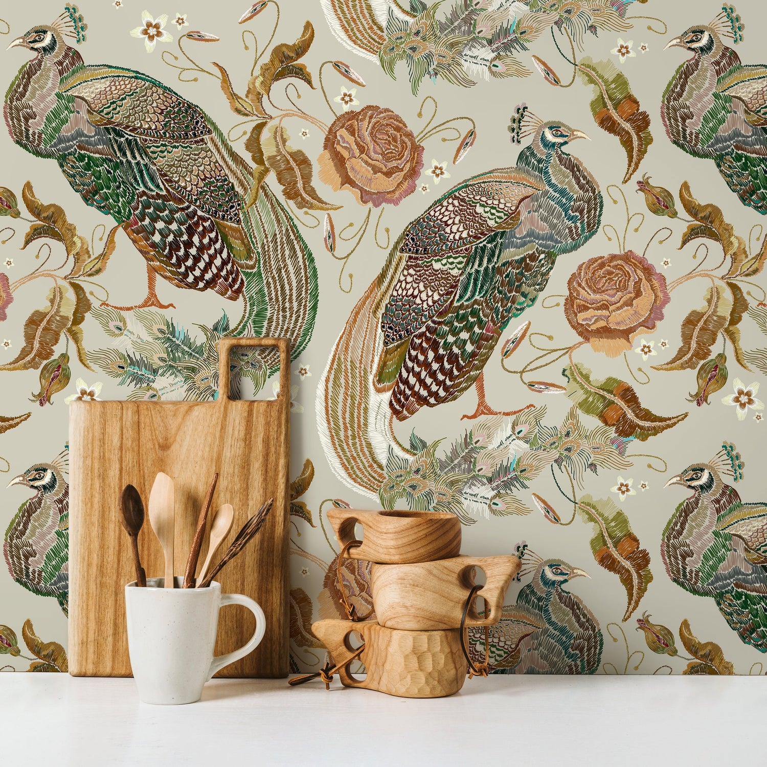 Vintage Peacock Wallpaper Floral Wallpaper Peel and Stick and Traditional Wallpaper - D885