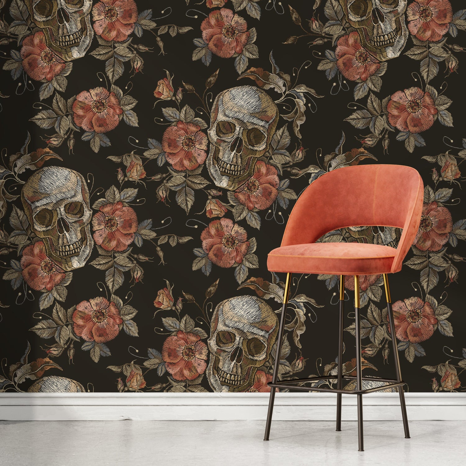 Large Skull Wallpaper Dark Roses Wallpaper Peel and Stick and Traditional Wallpaper - D890