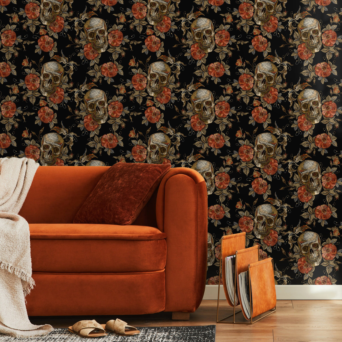 Skull Wallpaper Dark Roses Wallpaper Peel and Stick and Traditional Wallpaper - D889