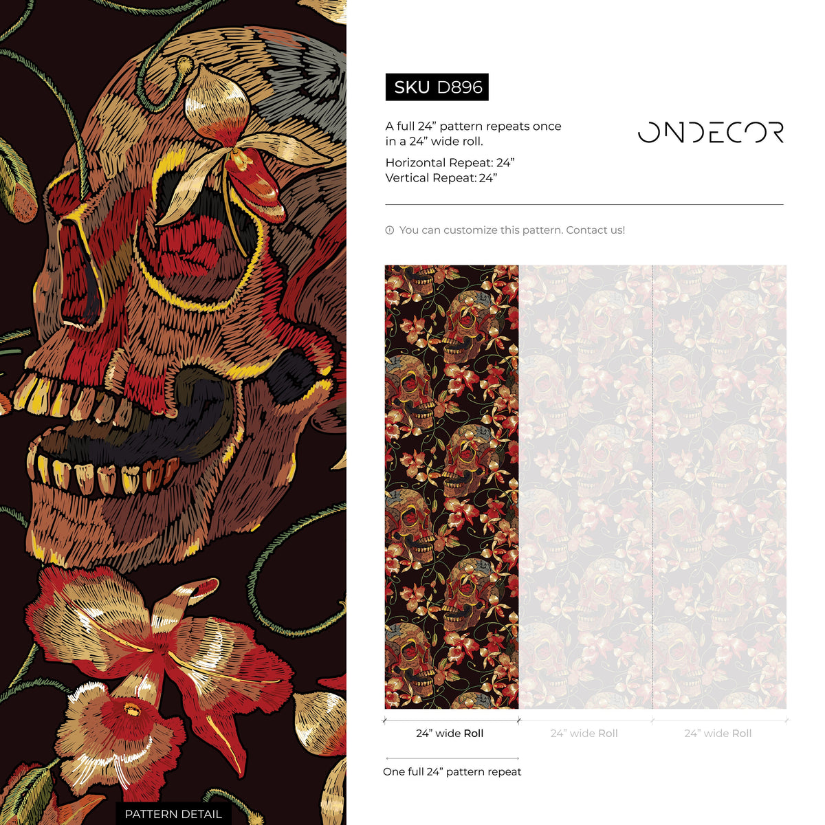 Floral Skull Wallpaper Red and Black Wallpaper Peel and Stick and Traditional Wallpaper - D896