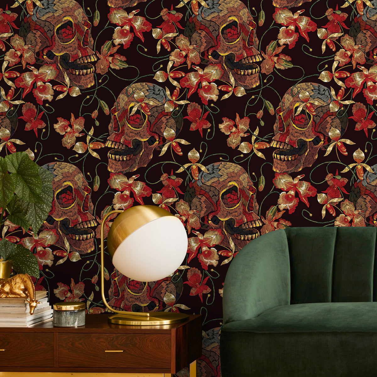 Floral Skull Wallpaper Red and Black Wallpaper Peel and Stick and Traditional Wallpaper - D896