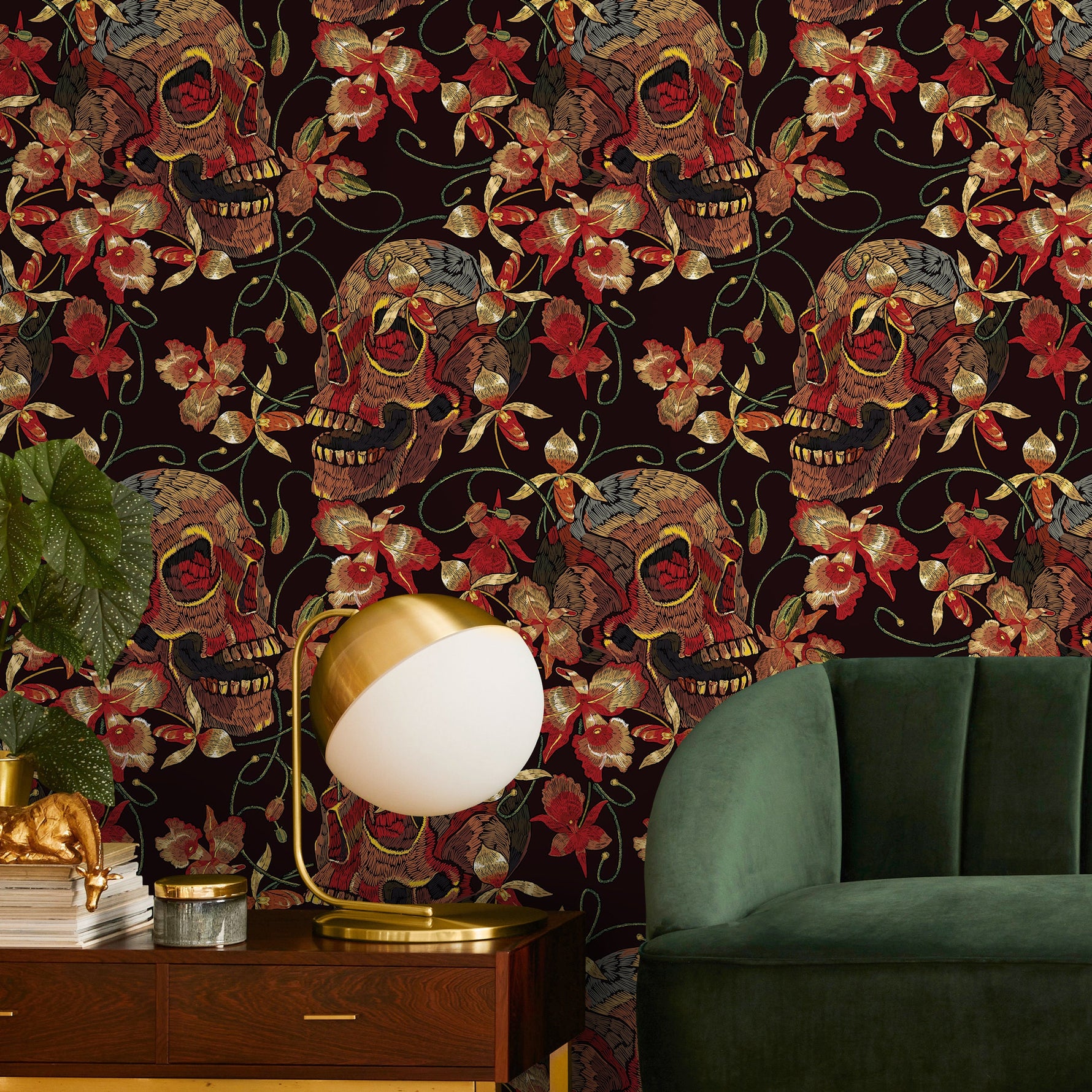 Floral Skull Wallpaper Red and Black Wallpaper Peel and Stick and Traditional Wallpaper - D896