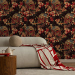 Floral Skull Wallpaper Red and Black Wallpaper Peel and Stick and Traditional Wallpaper - D896