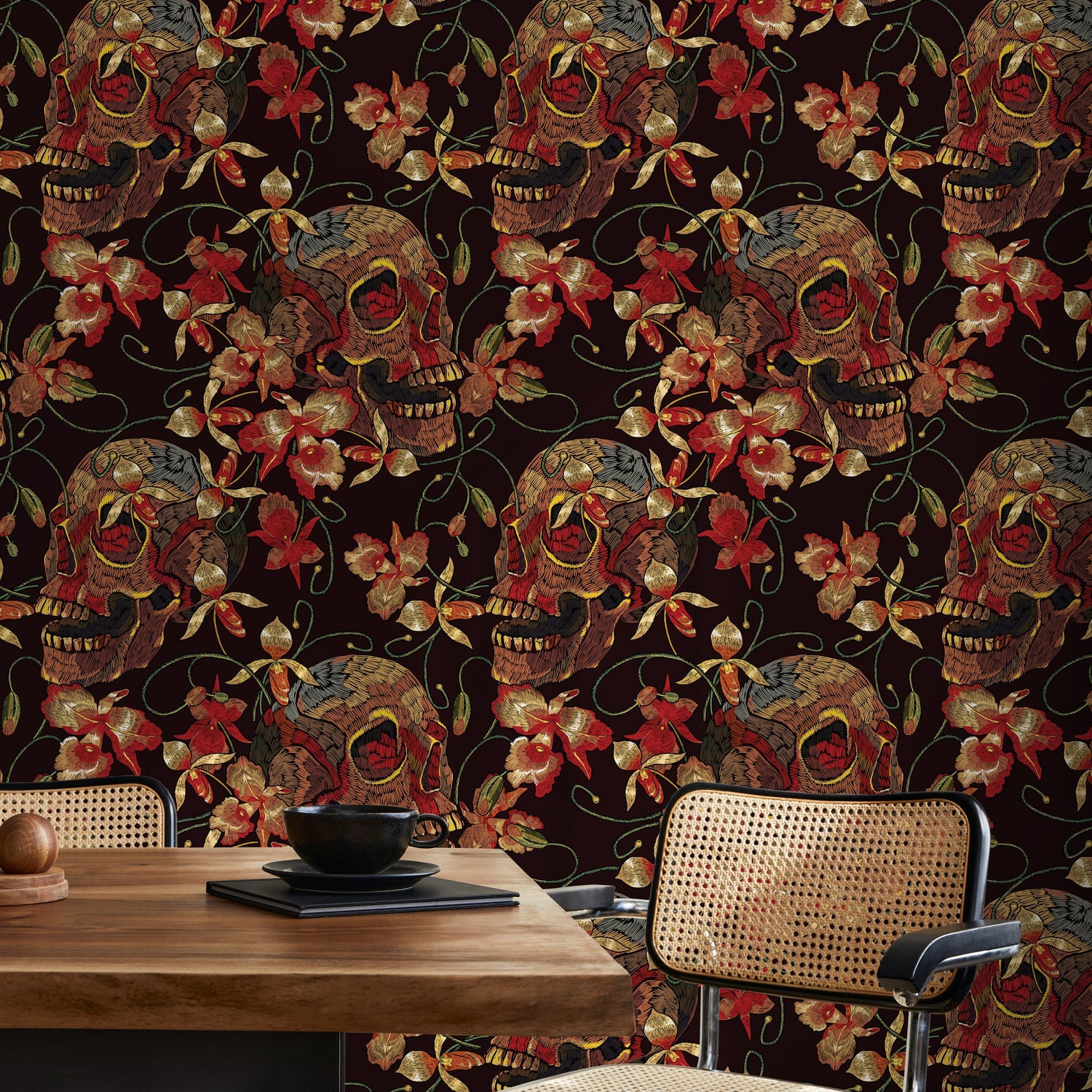 Floral Skull Wallpaper Red and Black Wallpaper Peel and Stick and Traditional Wallpaper - D896