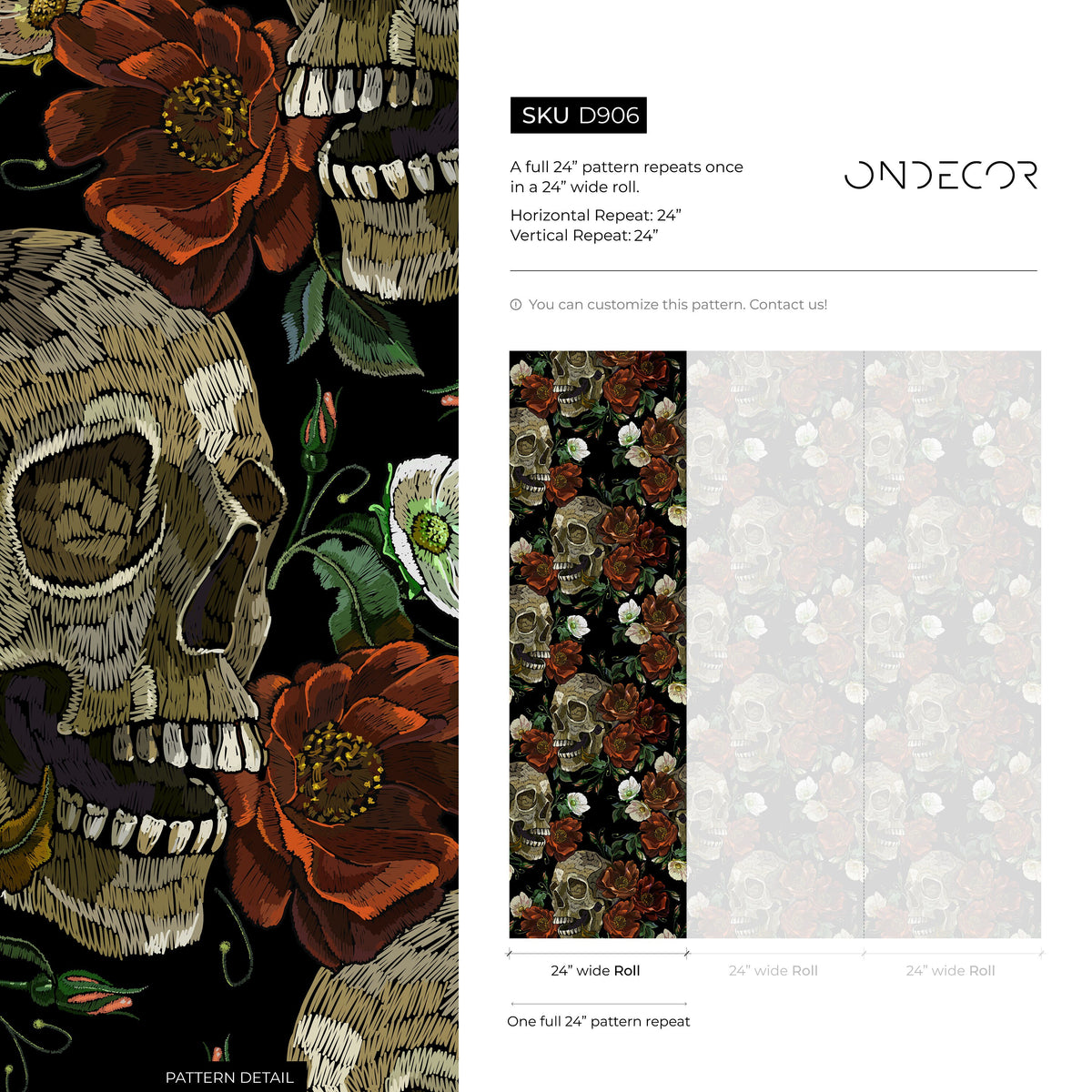 Gothic Floral and Skulls Wallpaper Maximalist Wallpaper Peel and Stick and Traditional Wallpaper - D906