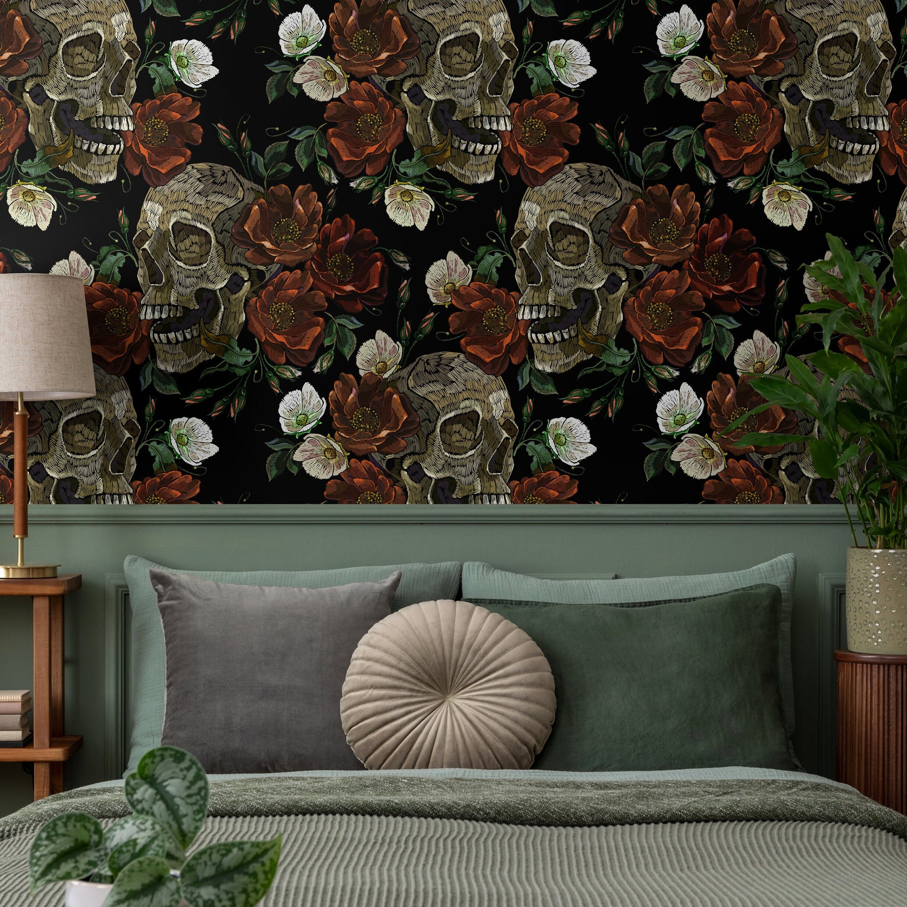 Gothic Floral and Skulls Wallpaper Maximalist Wallpaper Peel and Stick and Traditional Wallpaper - D906