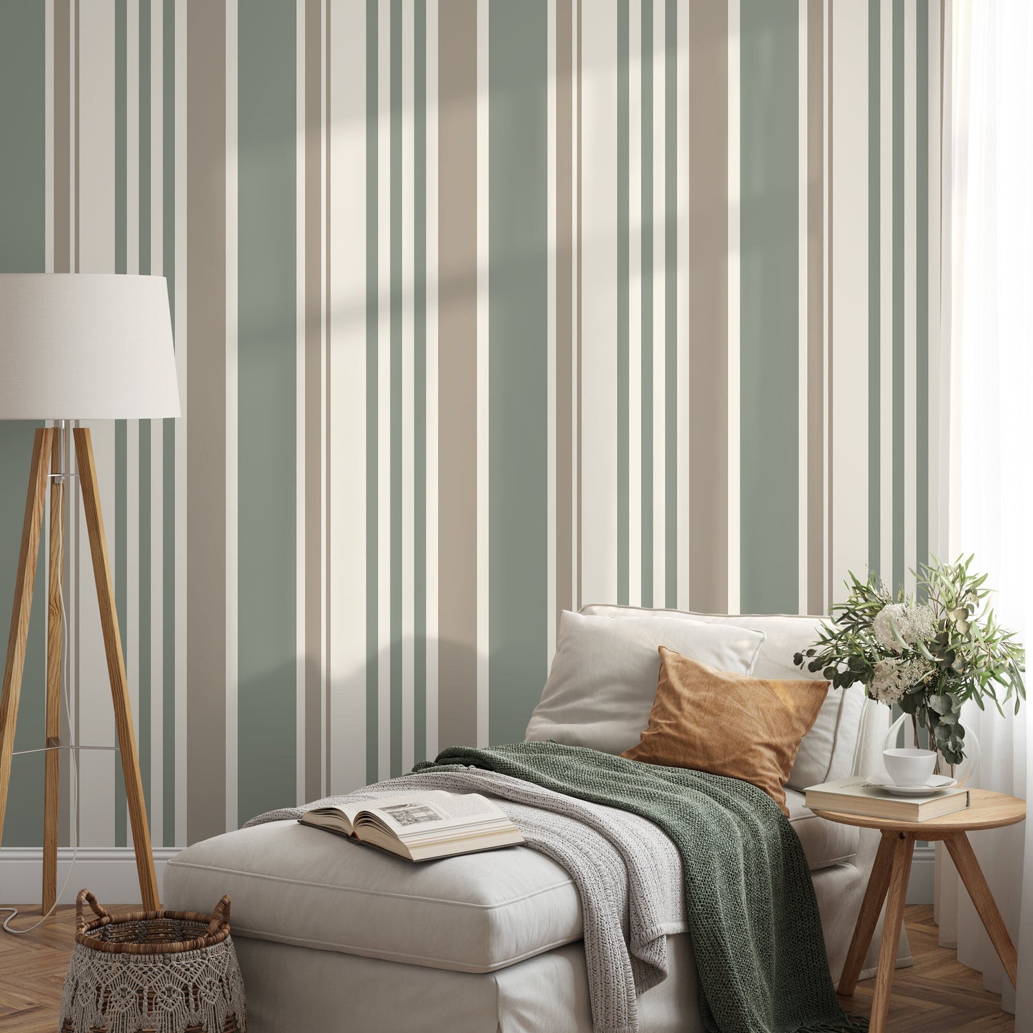 Vertical Striped Wallpaper Green and Grey Wallpaper Peel and Stick and Traditional Wallpaper - D808