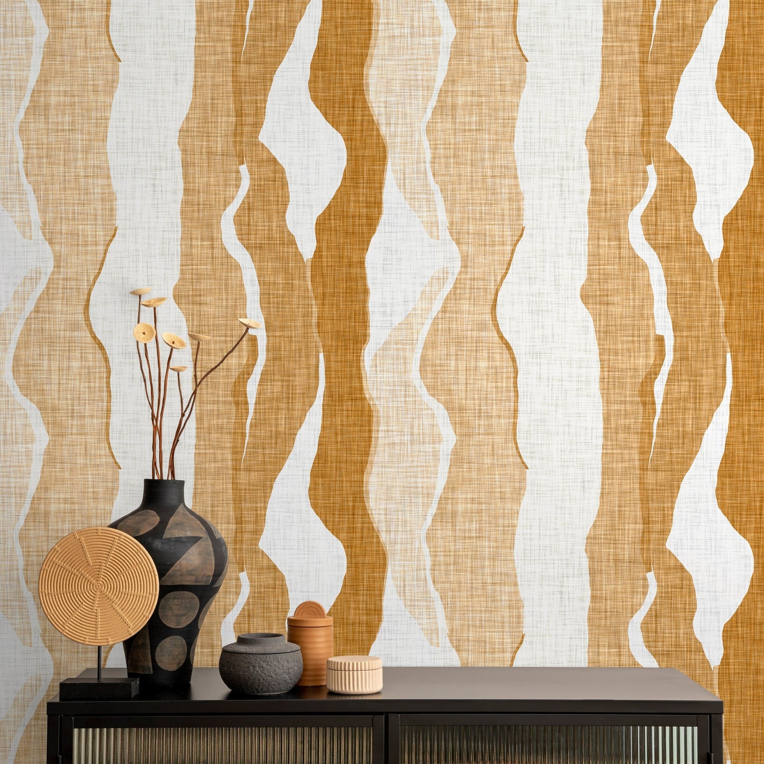 Yellow Abstract Waves Wallpaper Modern Wallpaper Peel and Stick and Traditional Wallpaper - D836