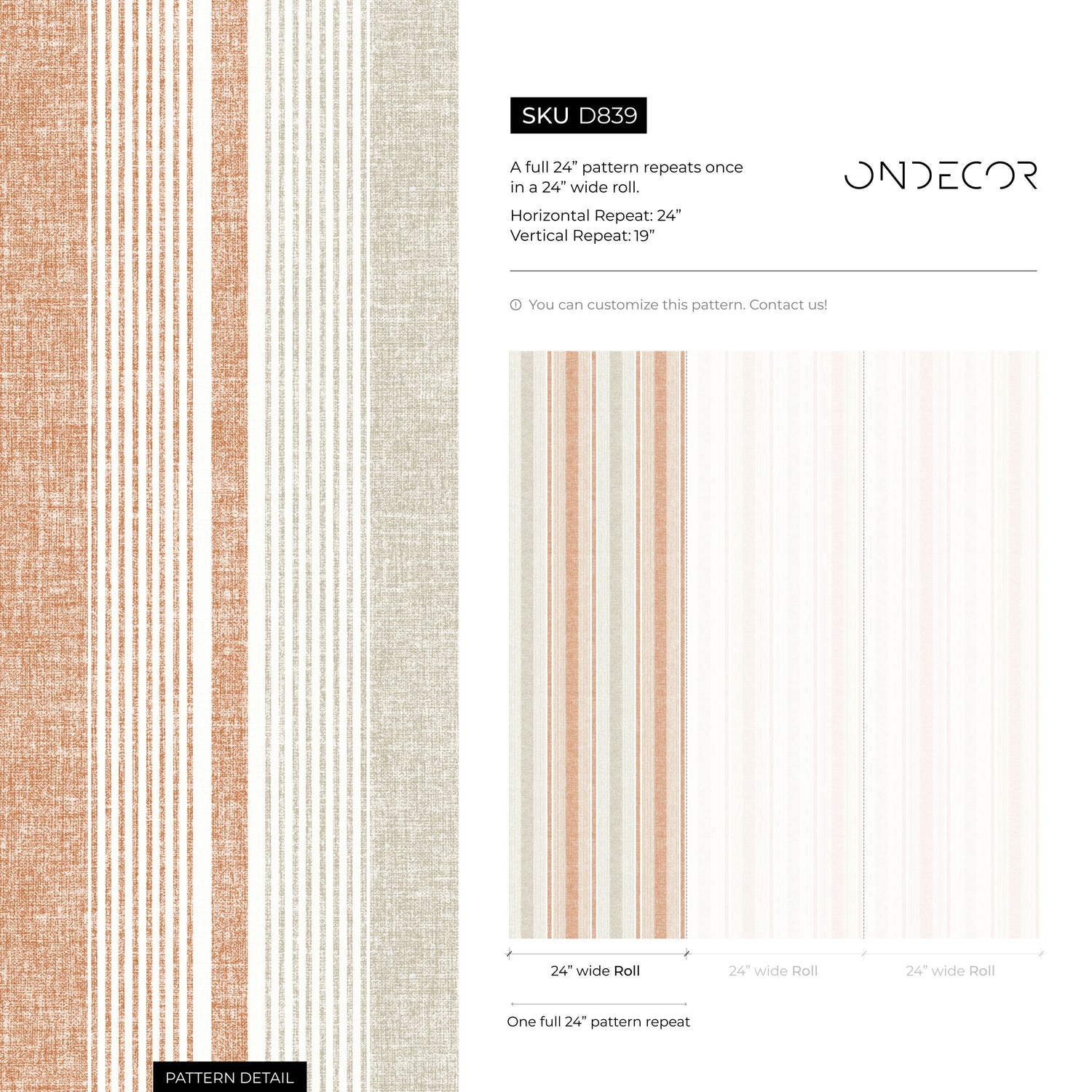 Textured Striped Wallpaper Orange and Grey Wallpaper Peel and Stick and Traditional Wallpaper - D839