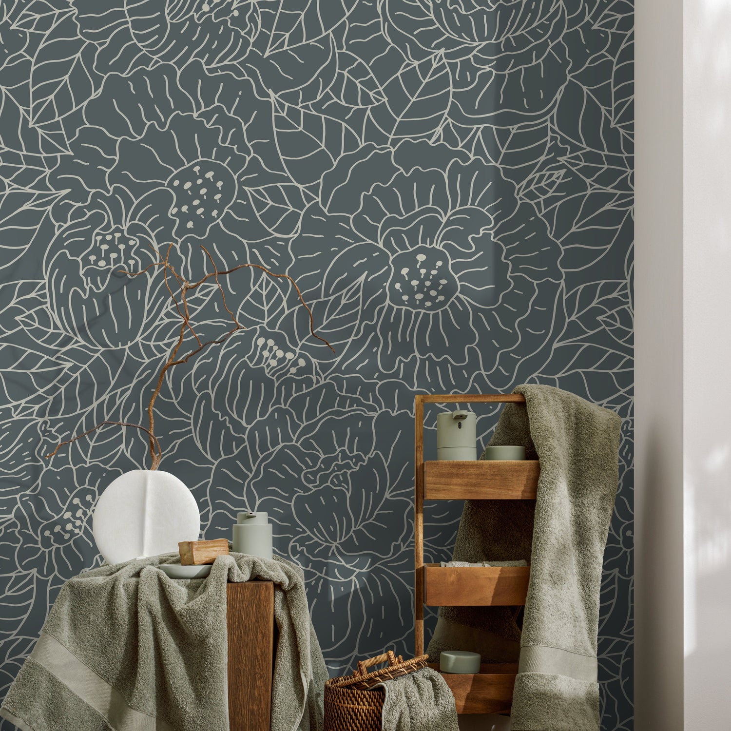 Dark Floral and Leaf Wallpaper / Peel and Stick Wallpaper Removable Wallpaper Home Decor Wall Art Wall Decor Room Decor - C954