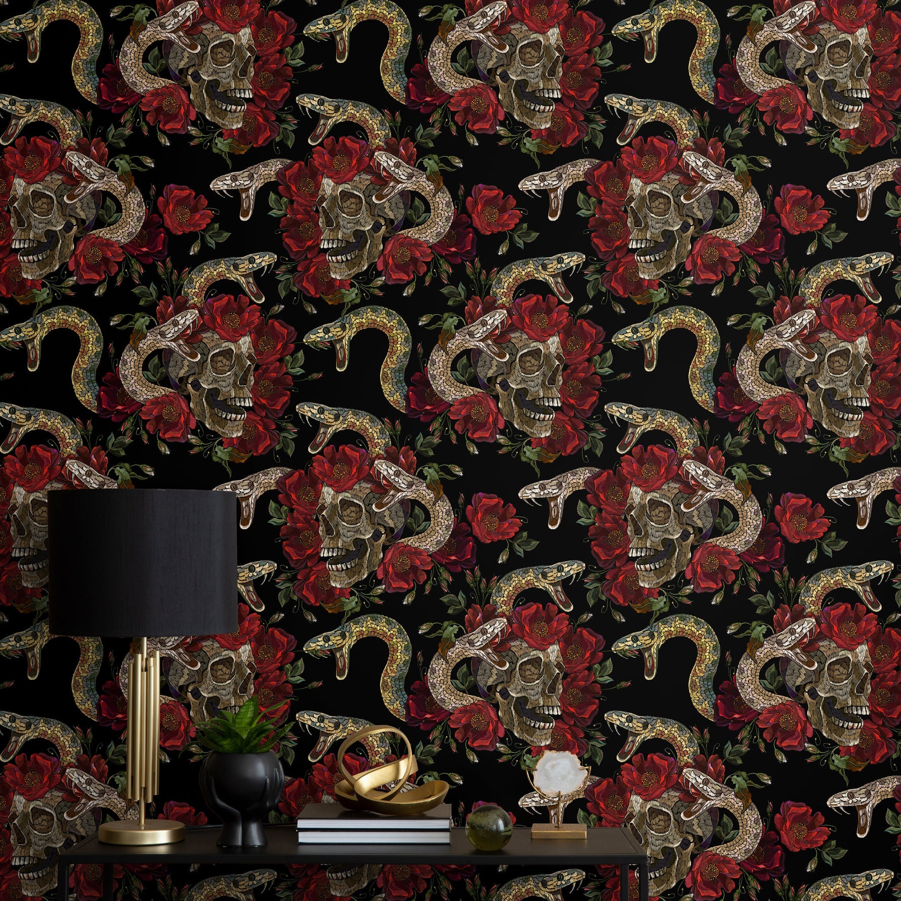 Skull and Snake Wallpaper Dark Floral Wallpaper Peel and Stick and Traditional Wallpaper - D899