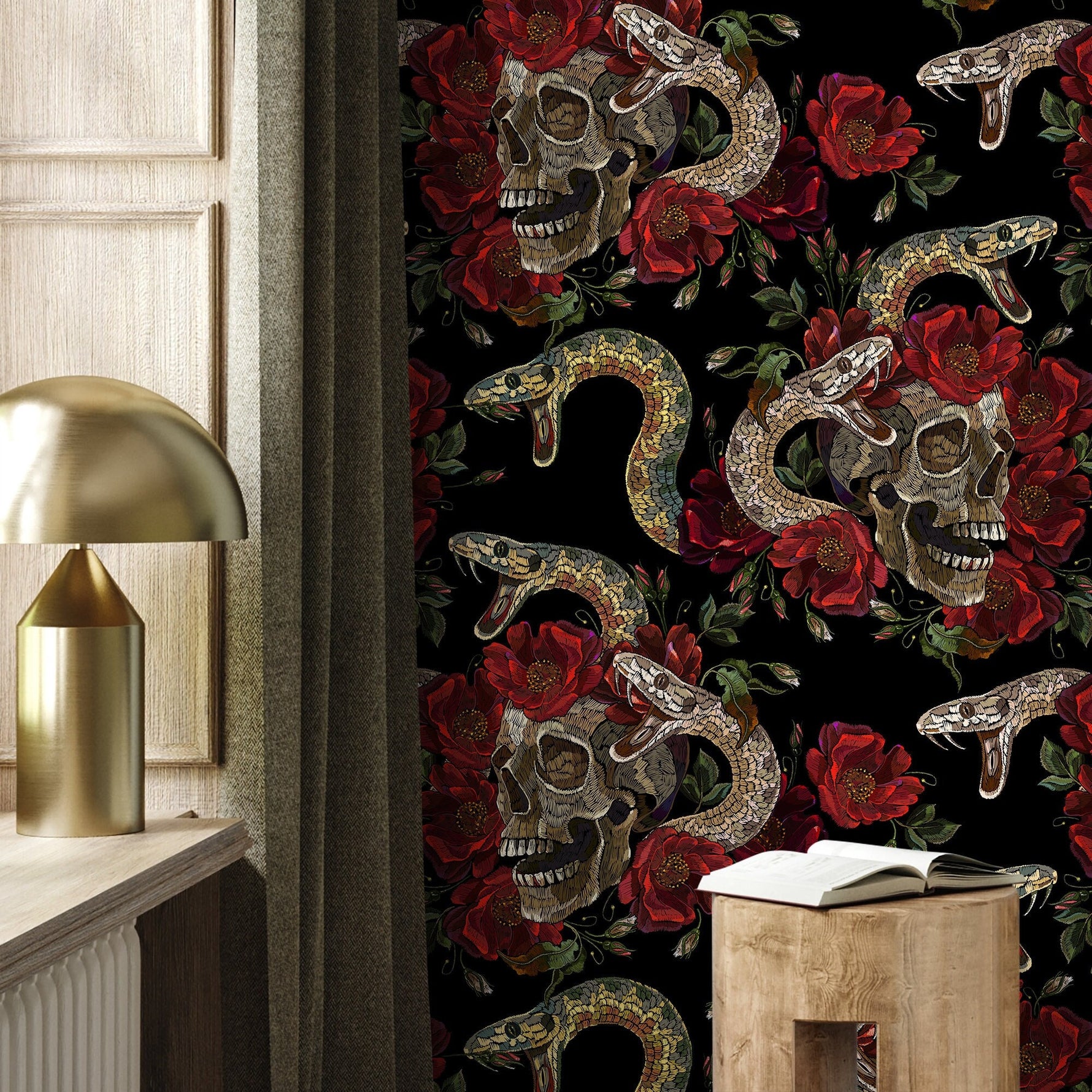 Skull and Snake Wallpaper Dark Floral Wallpaper Peel and Stick and Traditional Wallpaper - D899