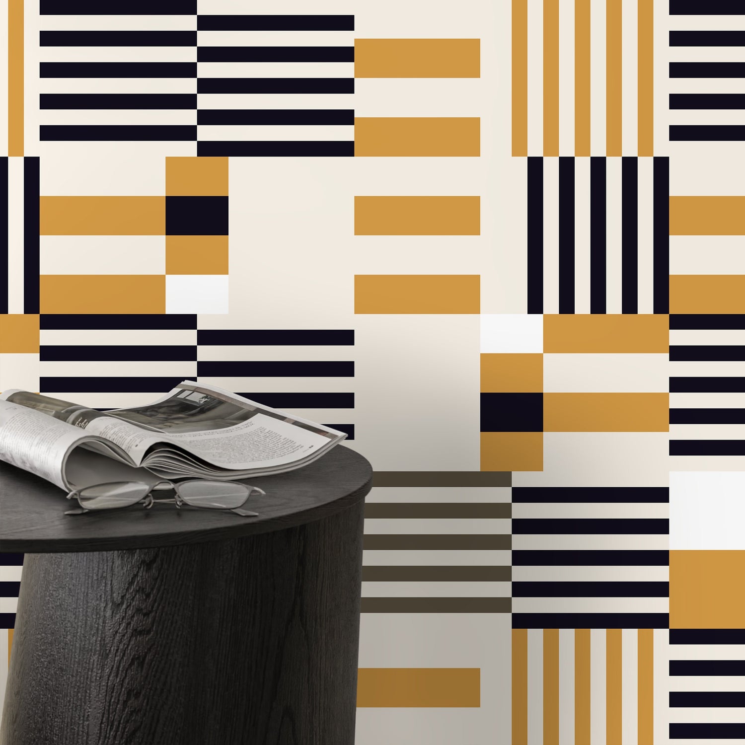 Geometric Wallpaper Modern Black and Yellow Wallpaper Peel and Stick and Traditional Wallpaper - D847