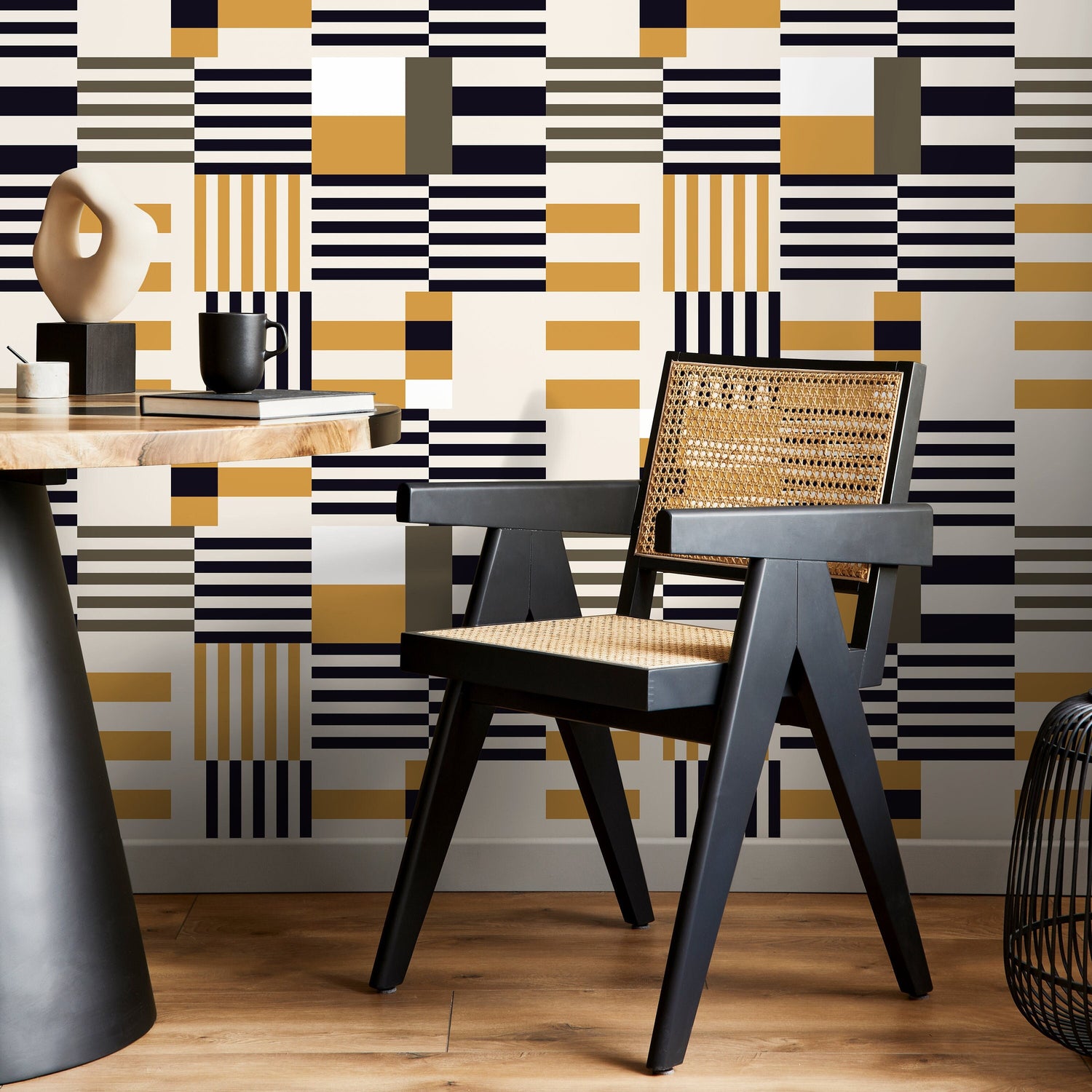 Geometric Wallpaper Modern Black and Yellow Wallpaper Peel and Stick and Traditional Wallpaper - D847