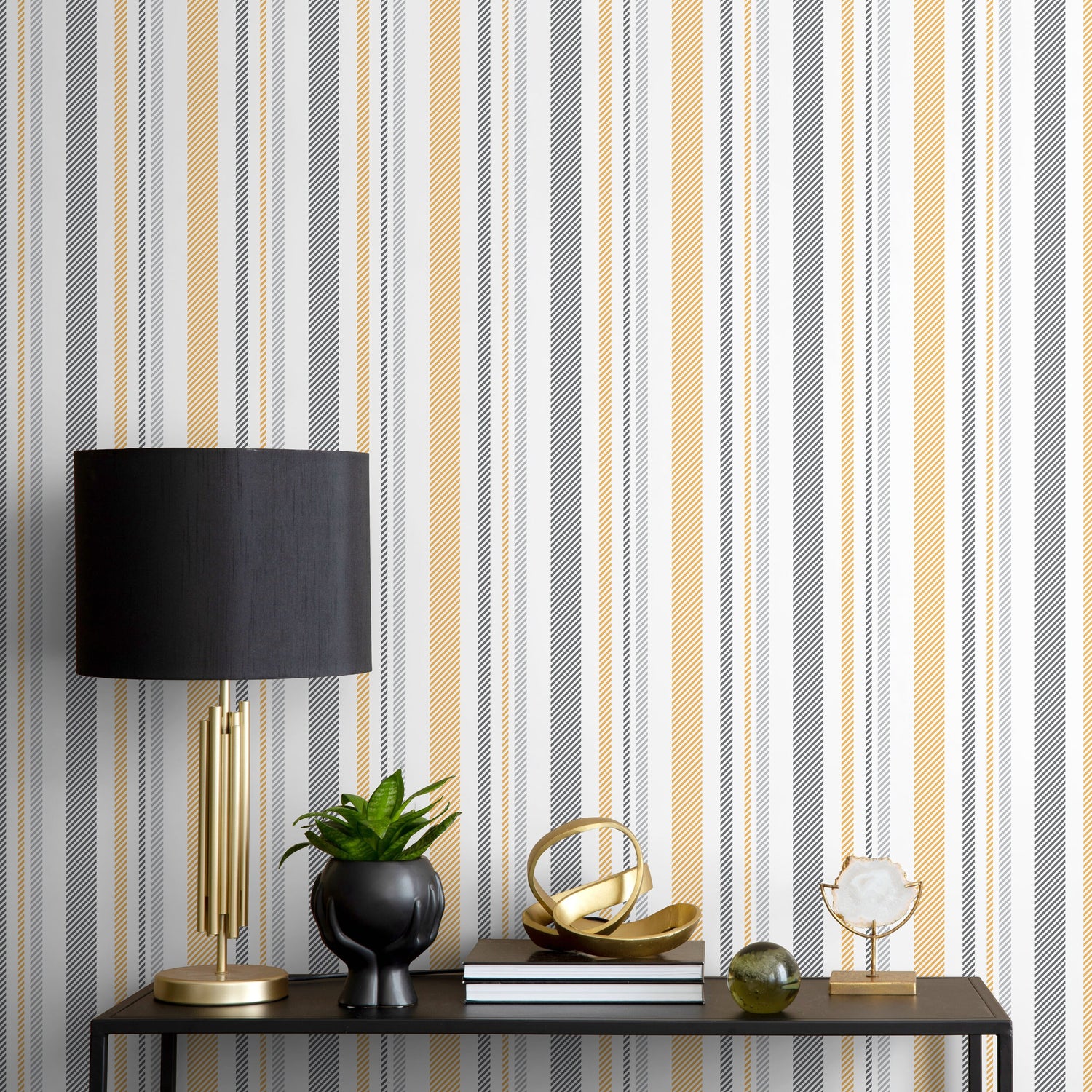 Yellow and Grey Wallpaper Striped Wallpaper Peel and Stick and Traditional Wallpaper - D843