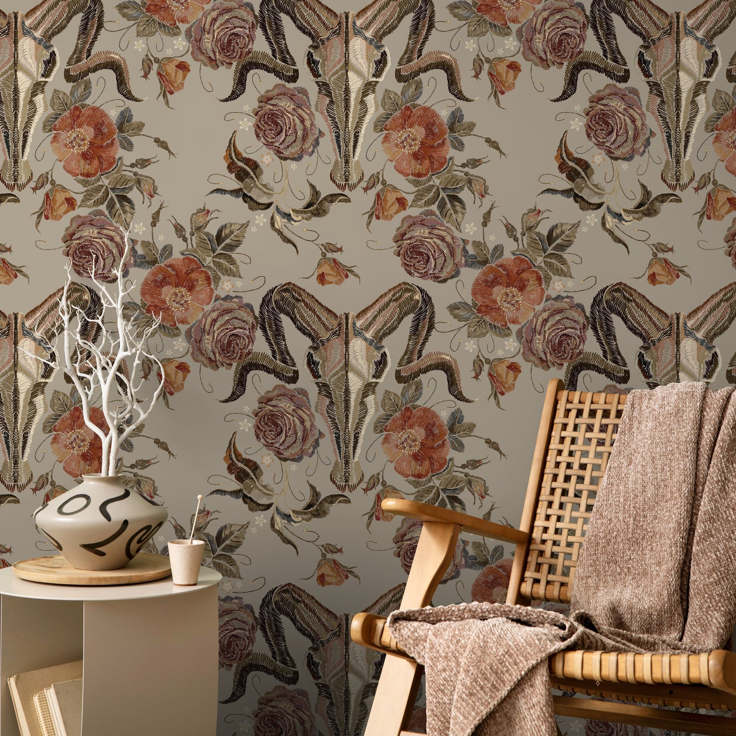 Goat Skull Wallpaper Vintage Floral Wallpaper Peel and Stick and Traditional Wallpaper - D887