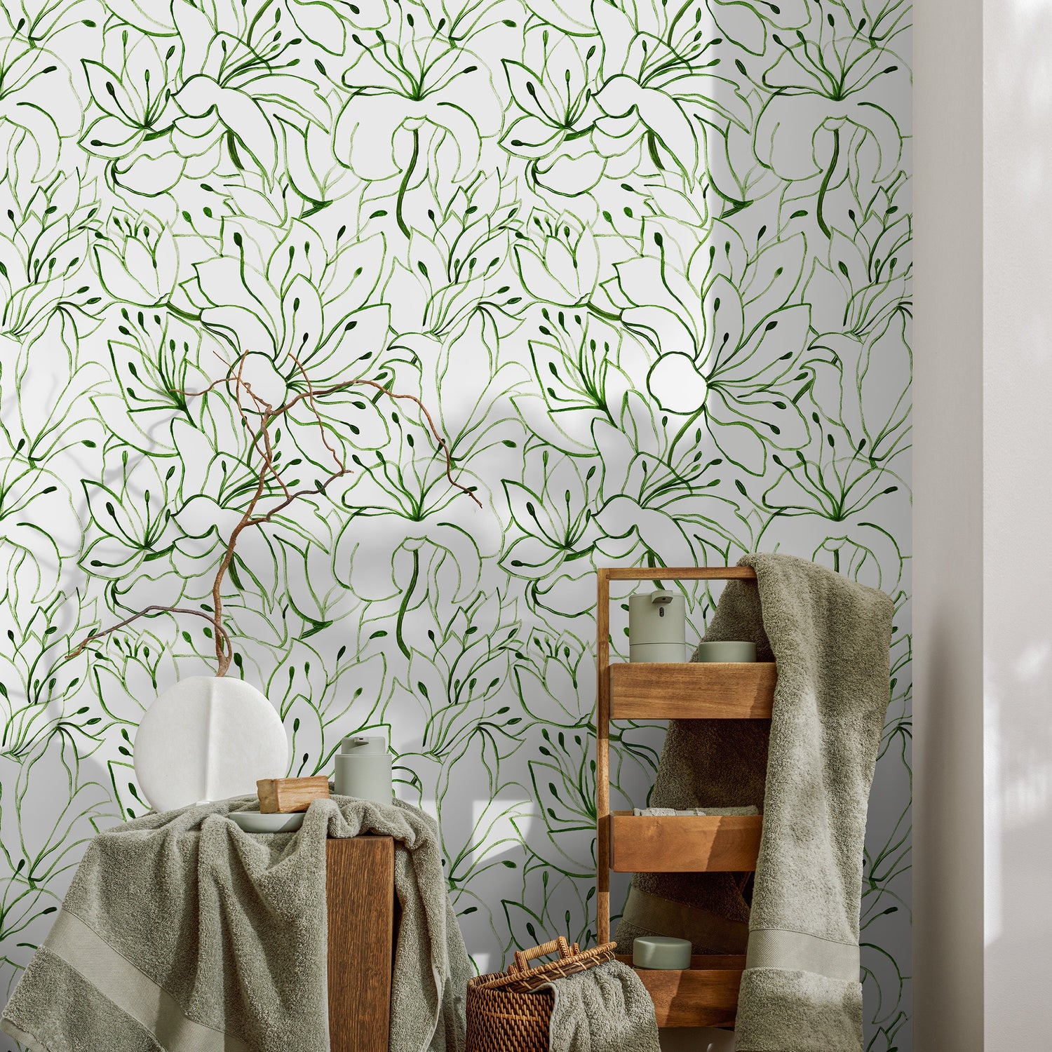 Green Floral Garden Wallpaper / Peel and Stick Wallpaper Removable Wallpaper Home Decor Wall Art Wall Decor Room Decor - C852