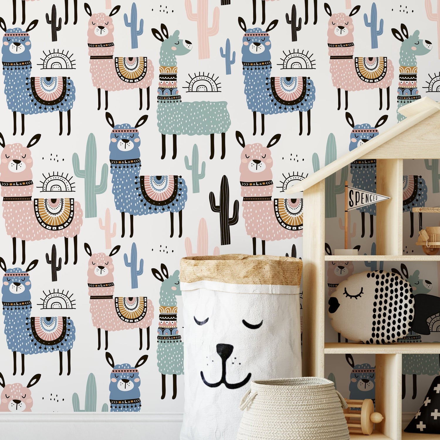 Removable Wallpaper, Scandinavian Wallpaper, Temporary Wallpaper, Peel and Stick Wallpaper, Colorful Alpaca - A740