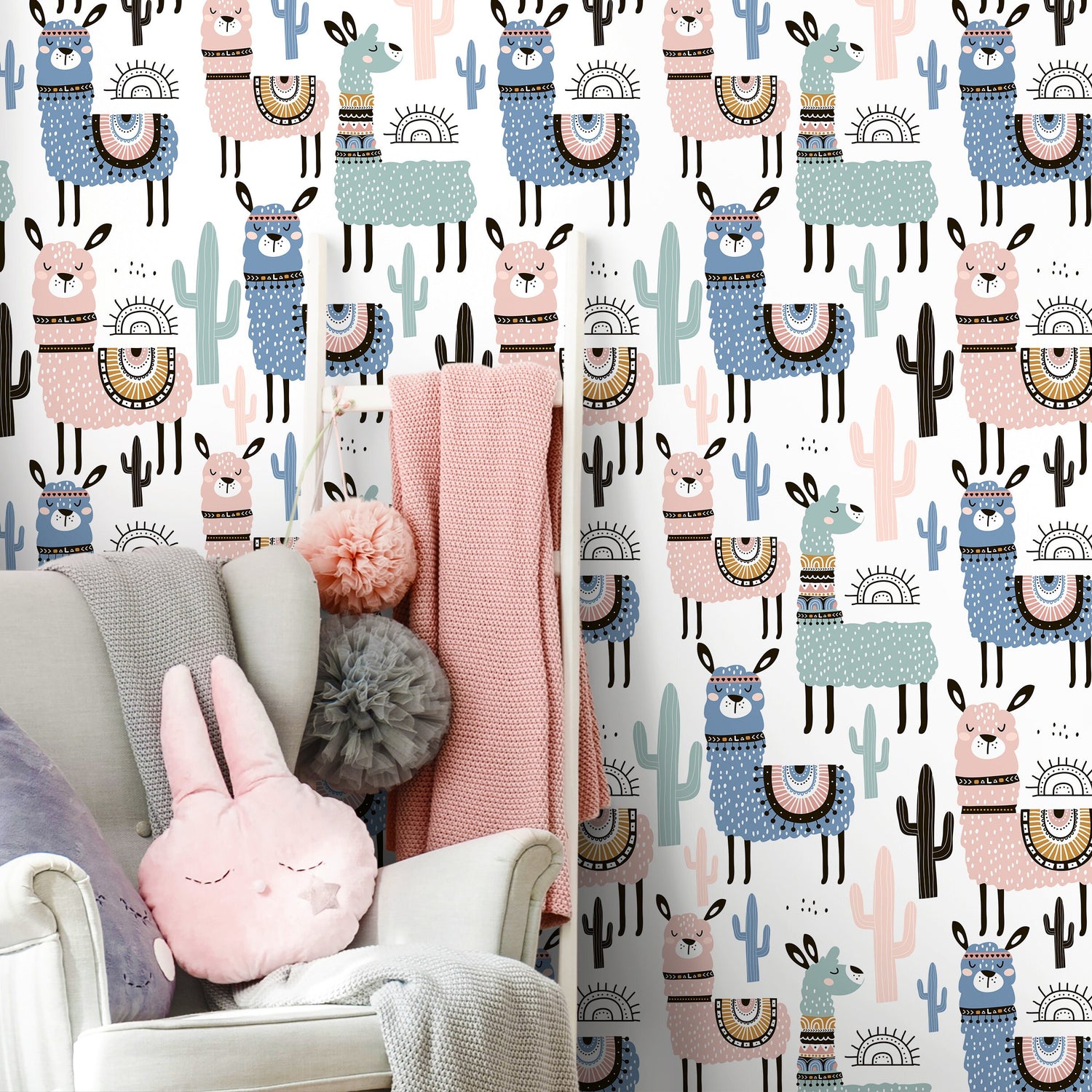 Removable Wallpaper, Scandinavian Wallpaper, Temporary Wallpaper, Peel and Stick Wallpaper, Colorful Alpaca - A740