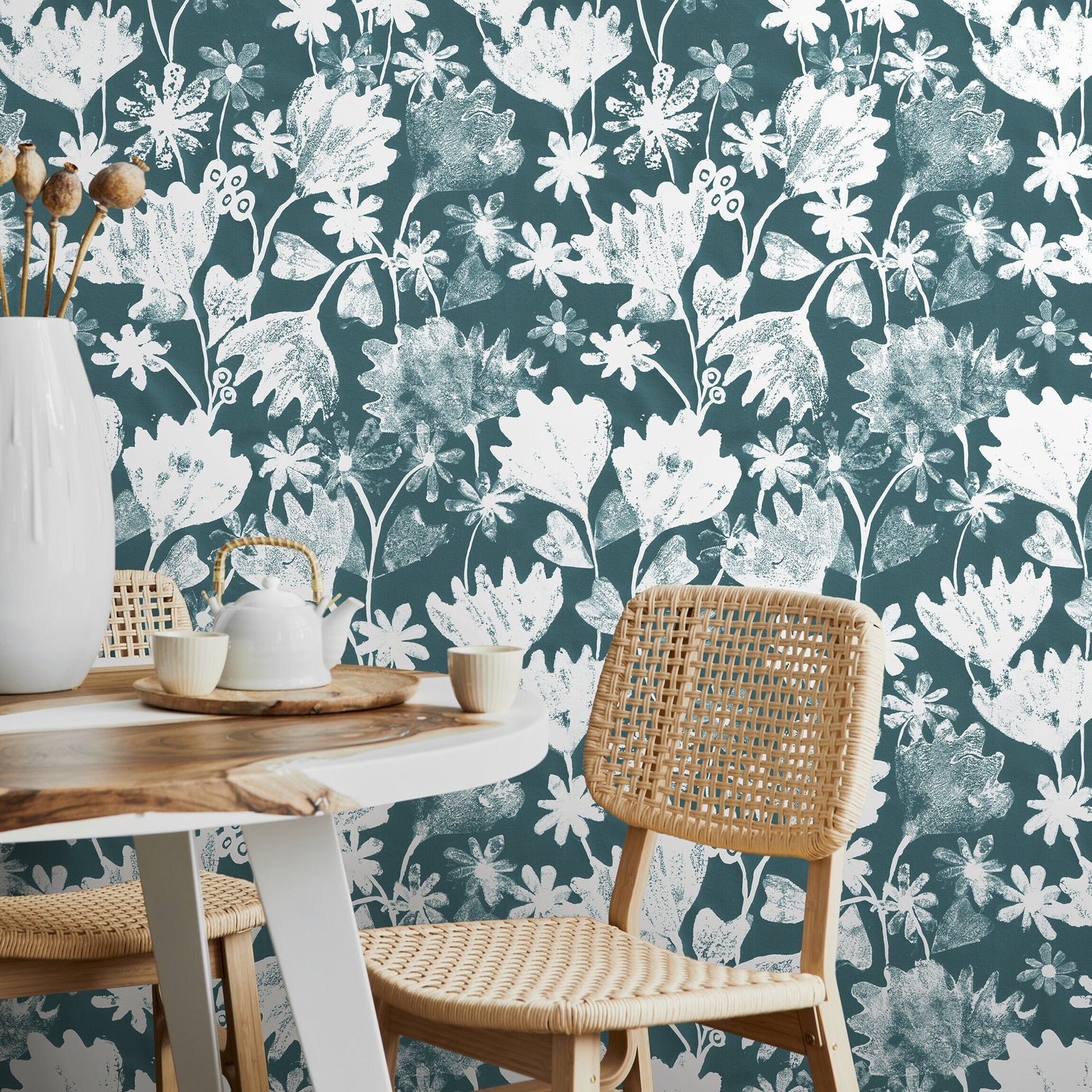 Teal Botanical Wallpaper Removable Wallpaper Peel and Stick Traditional Wallpaper Elegant Wall Art New Home Decor Bedroom Decor - X186