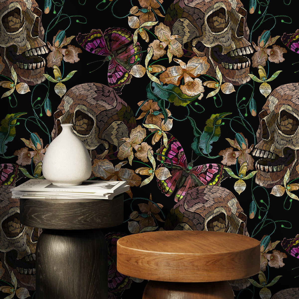 Skull and Butterfly Wallpaper Maximalist Wallpaper Peel and Stick and Traditional Wallpaper - D897