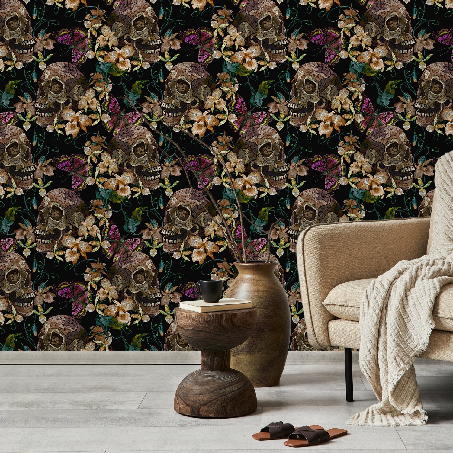 Skull and Butterfly Wallpaper Maximalist Wallpaper Peel and Stick and Traditional Wallpaper - D897