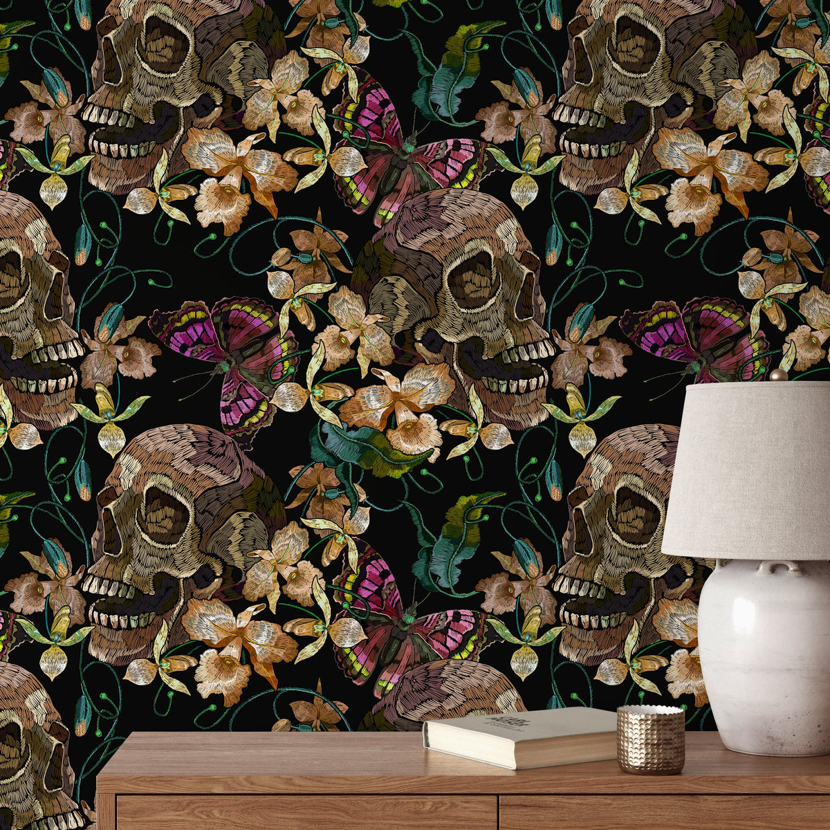 Skull and Butterfly Wallpaper Maximalist Wallpaper Peel and Stick and Traditional Wallpaper - D897