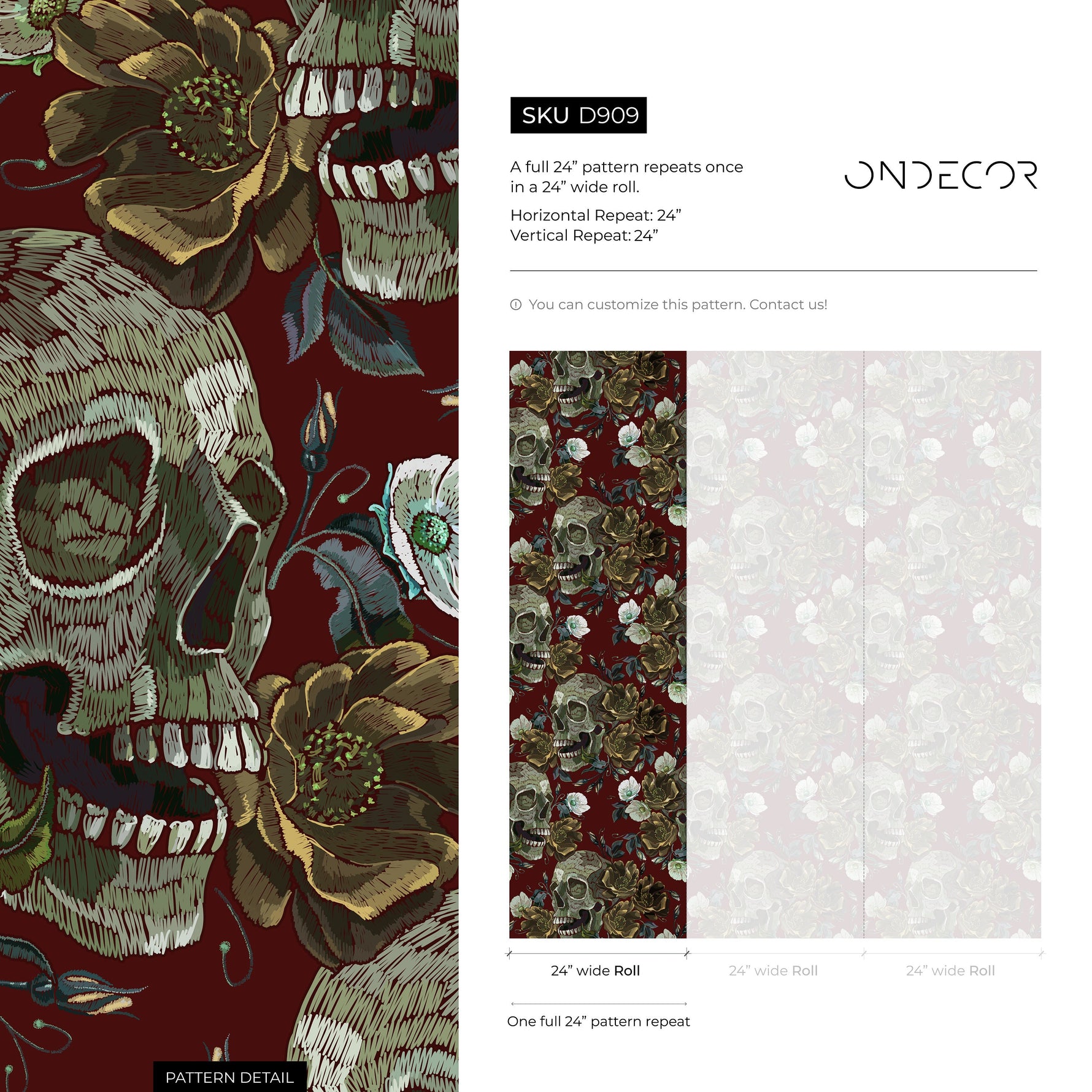 Vintage Roses Wallpaper Skulls Wallpaper Peel and Stick and Traditional Wallpaper - D909