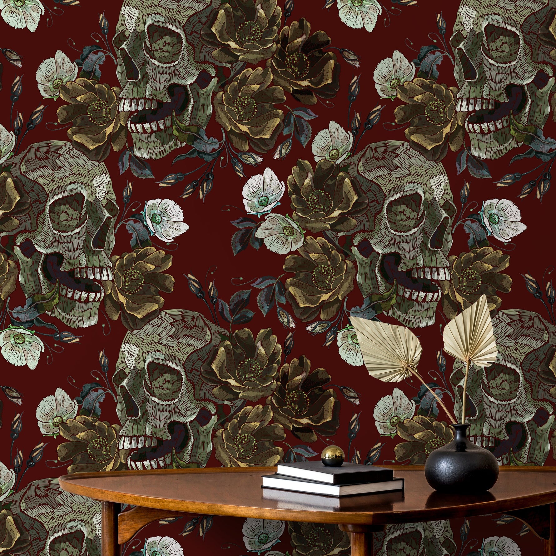 Vintage Roses Wallpaper Skulls Wallpaper Peel and Stick and Traditional Wallpaper - D909